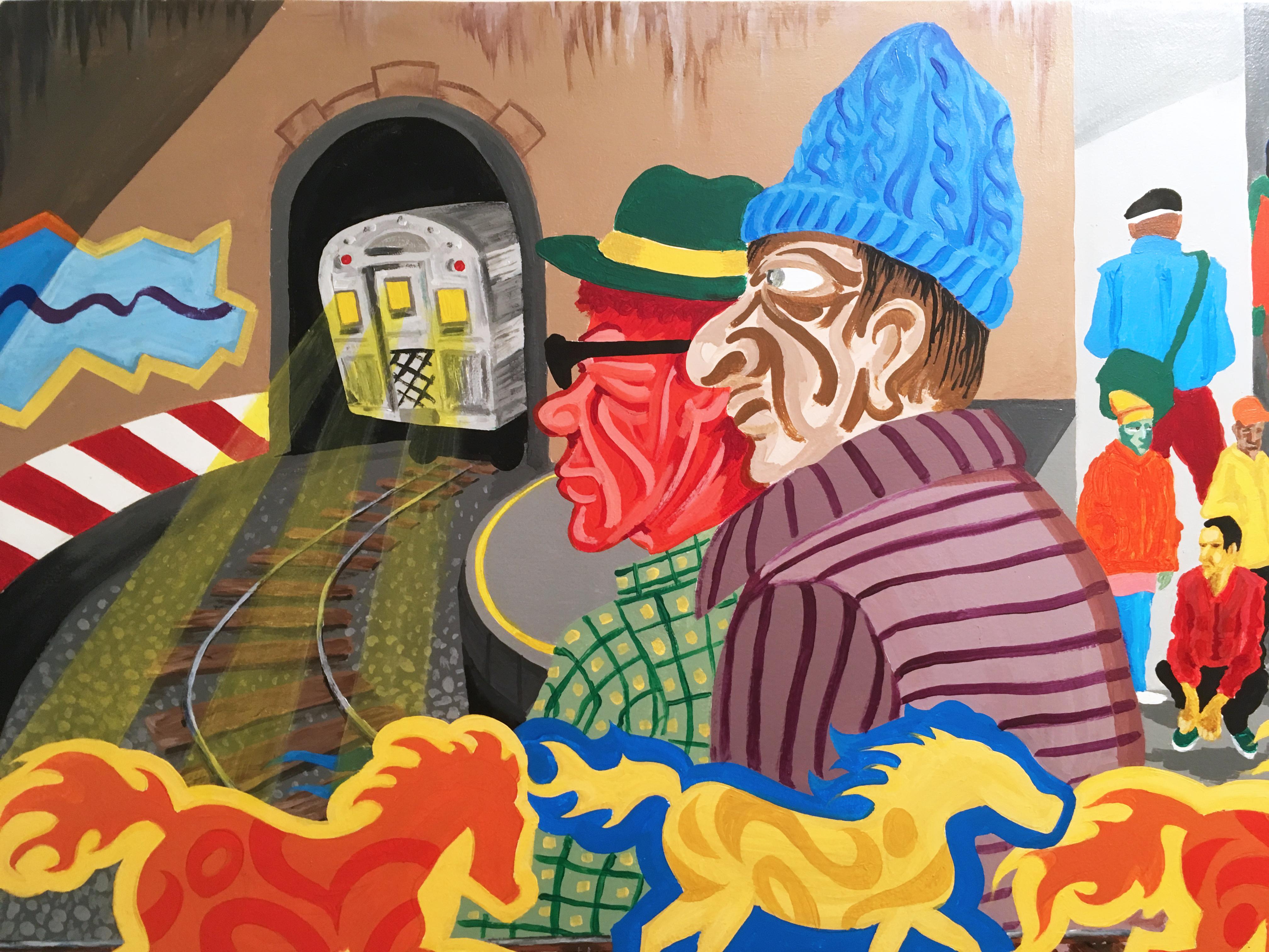 WILD HORSES, 2016, U-Bahn-Zug, Kurve, Graffiti, Street Art, figurativ, Tafel. Acryl auf Holzplatte.


