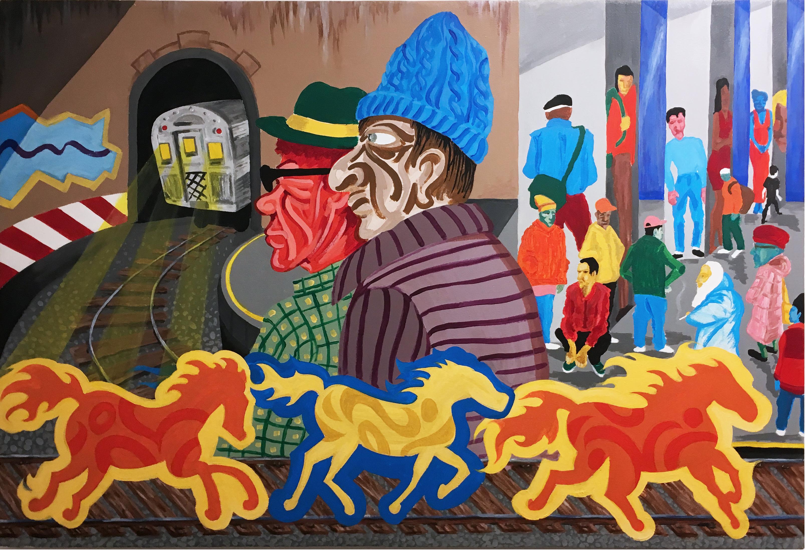 Sam Meyerson Figurative Painting - WILD HORSES, 2016, subway train, curve, graffiti, street art, figurative, panel