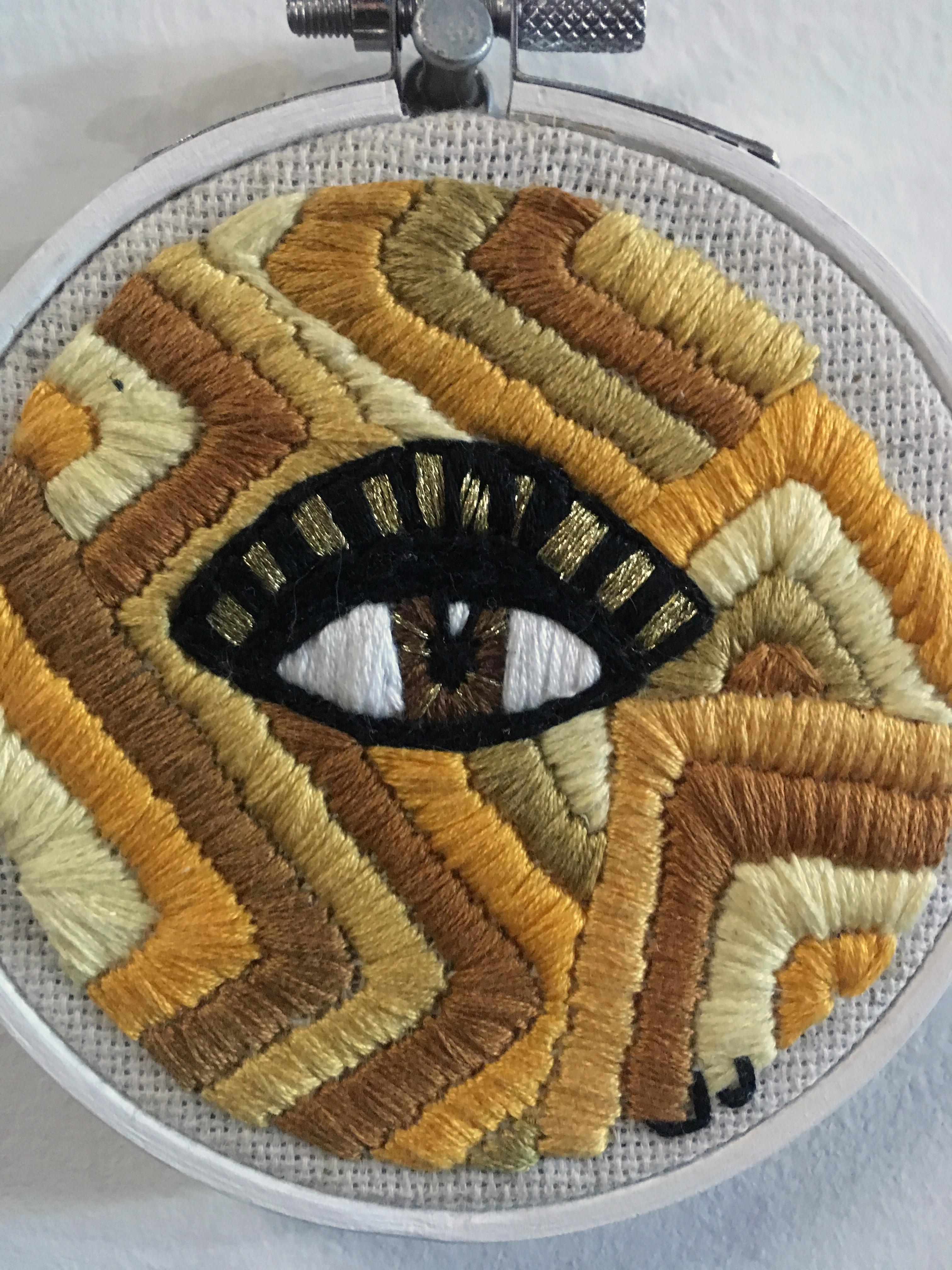 Axis: Bold as Love, Yellow, bold stripes embroidery, wood hoop, eye, figurative - Contemporary Art by Jacie Jane D'Agostino