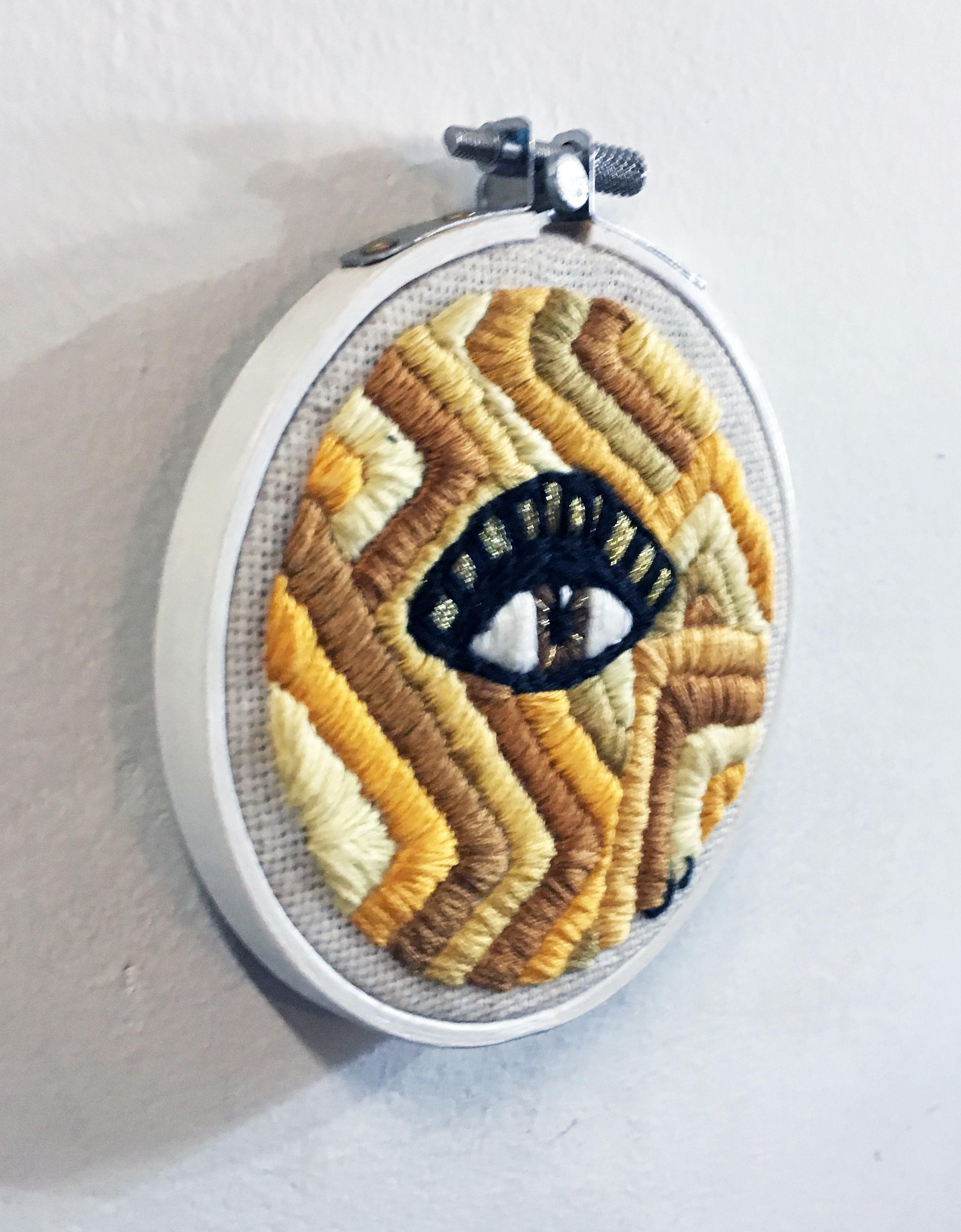 Axis: Bold as Love, Yellow, bold stripes embroidery, wood hoop, eye, figurative 1