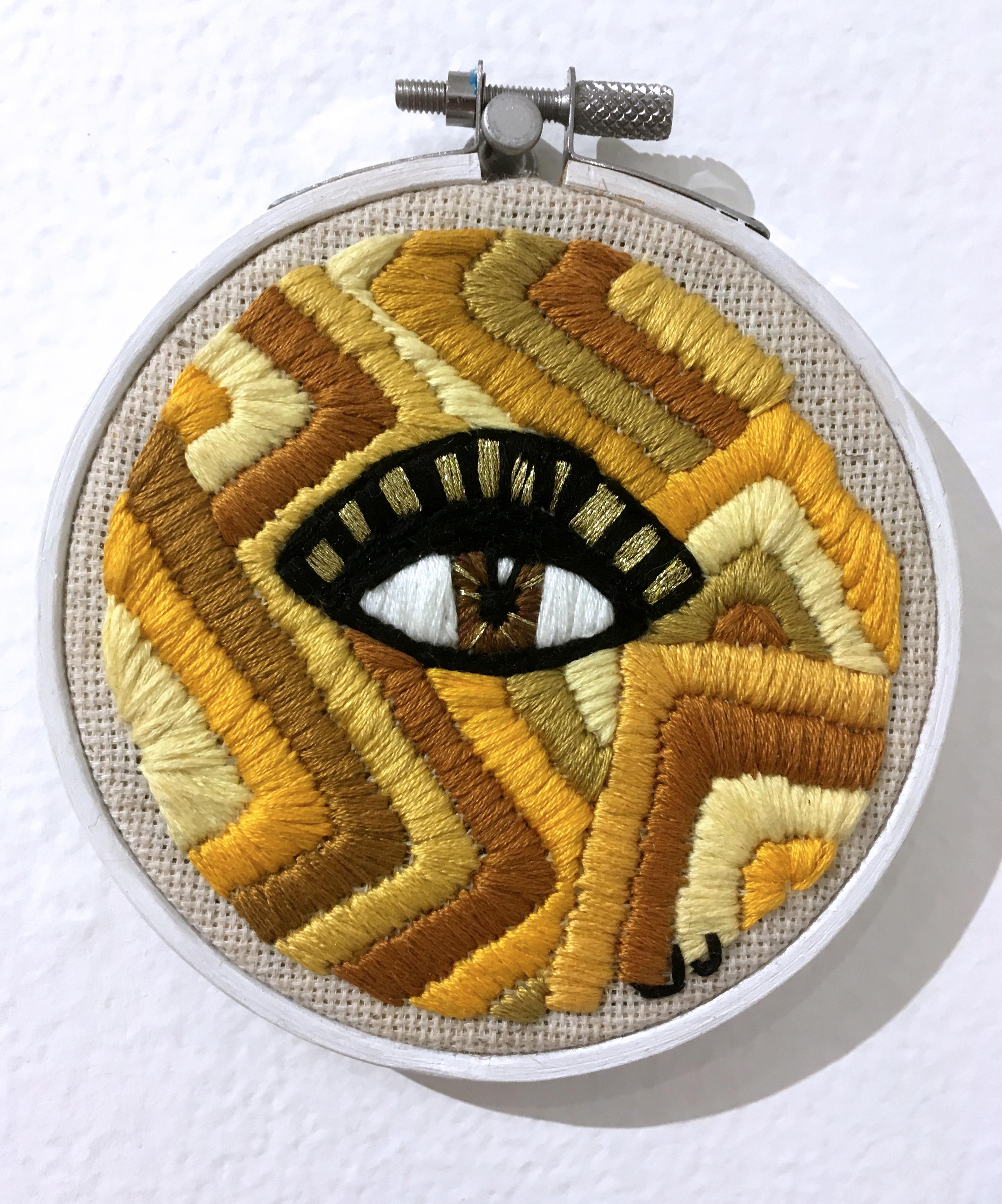 Axis: Bold as Love, Yellow, bold stripes embroidery, wood hoop, eye, figurative - Art by Jacie Jane D'Agostino