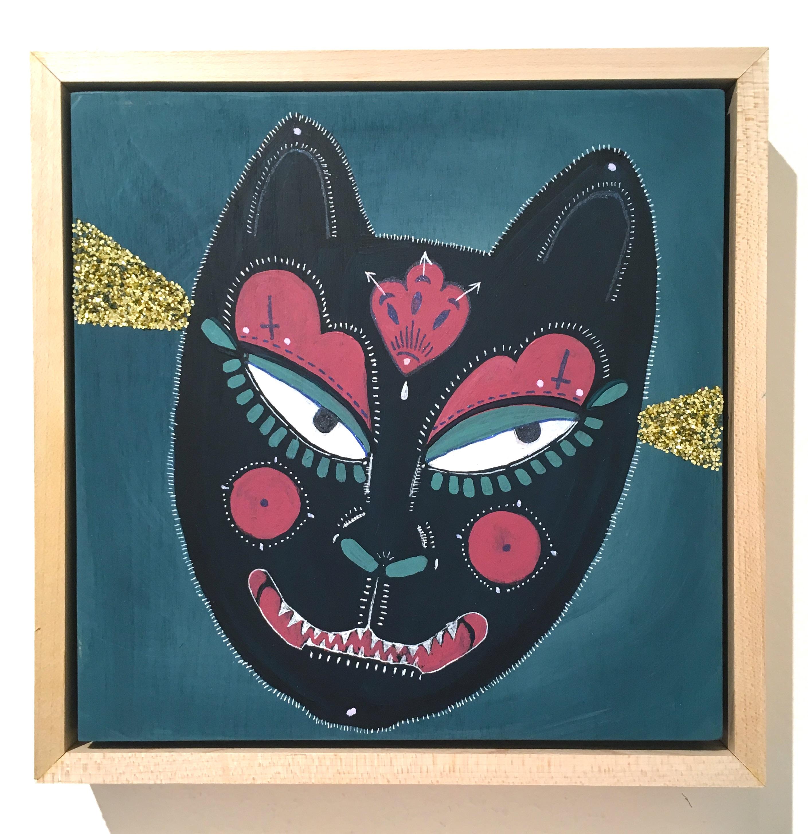Yako, 2018, blue, cat, mask, glitter, acrylic, ink and glitter on panel