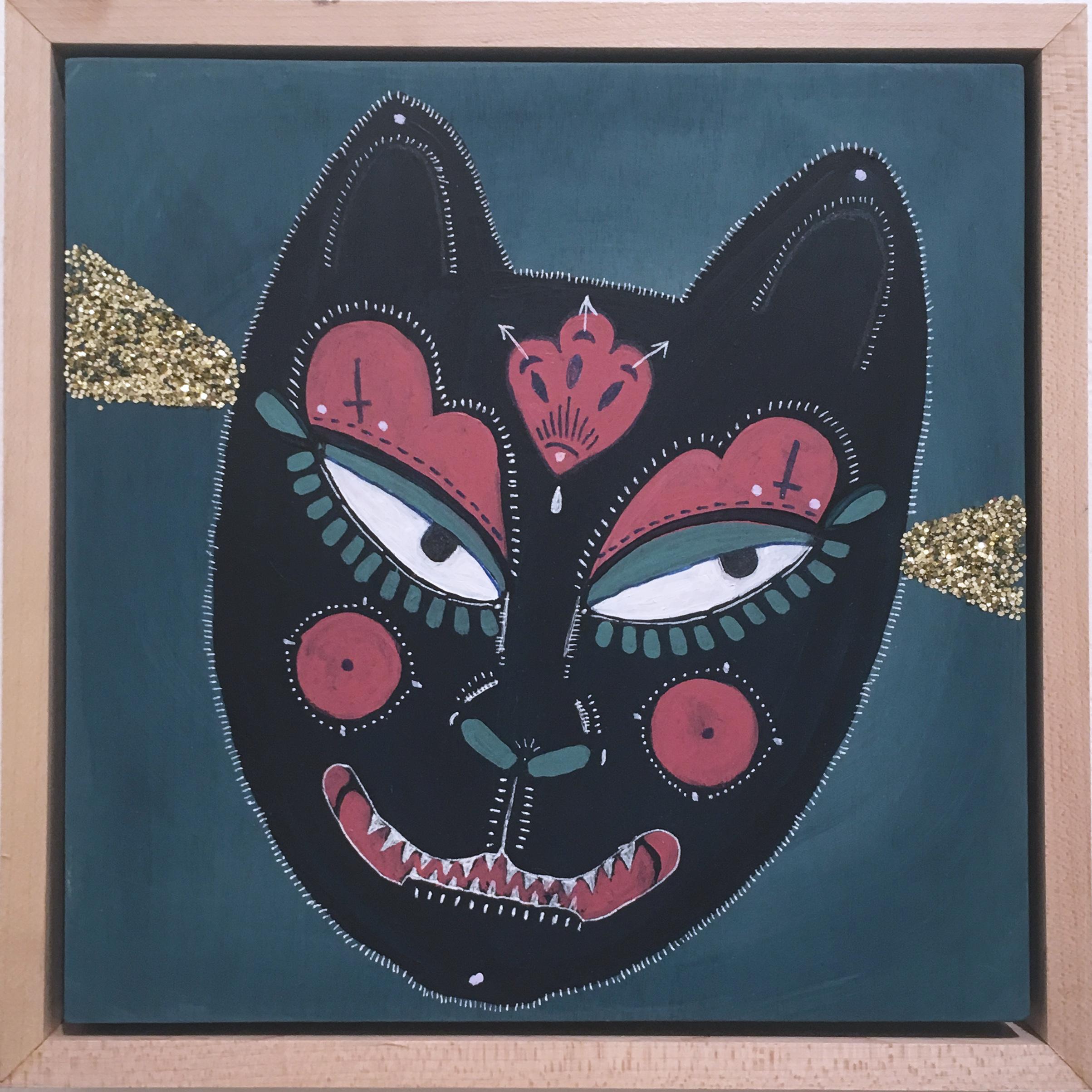 Yako, 2018, blue, cat, mask, glitter, acrylic, ink and glitter on panel - Painting by Rebecca Johnson