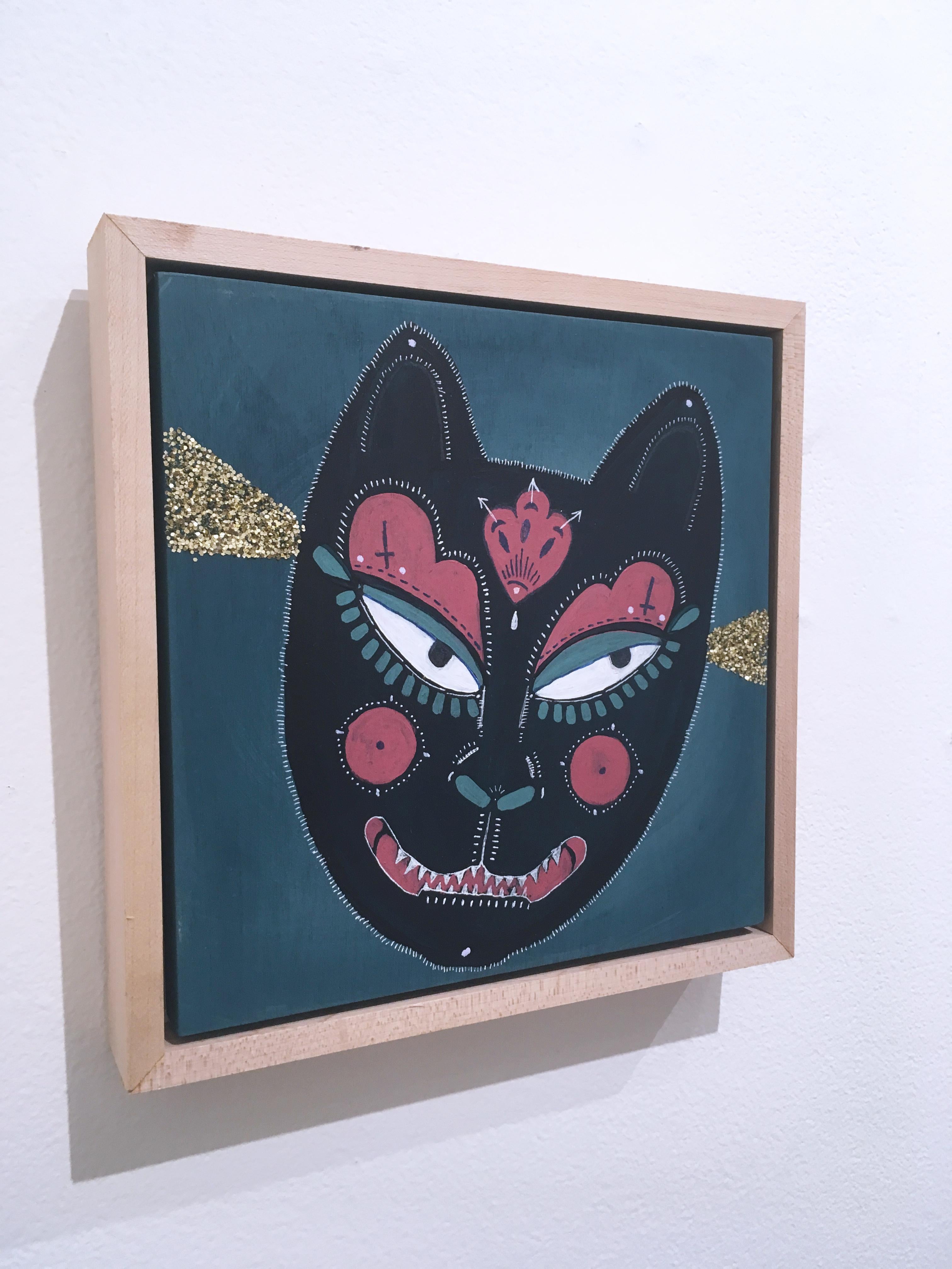Yako, 2018, Blau, Katze, Maske, Glitzer, Acryl, Tinte und Glitzer auf Tafel (Zeitgenössisch), Painting, von Rebecca Johnson
