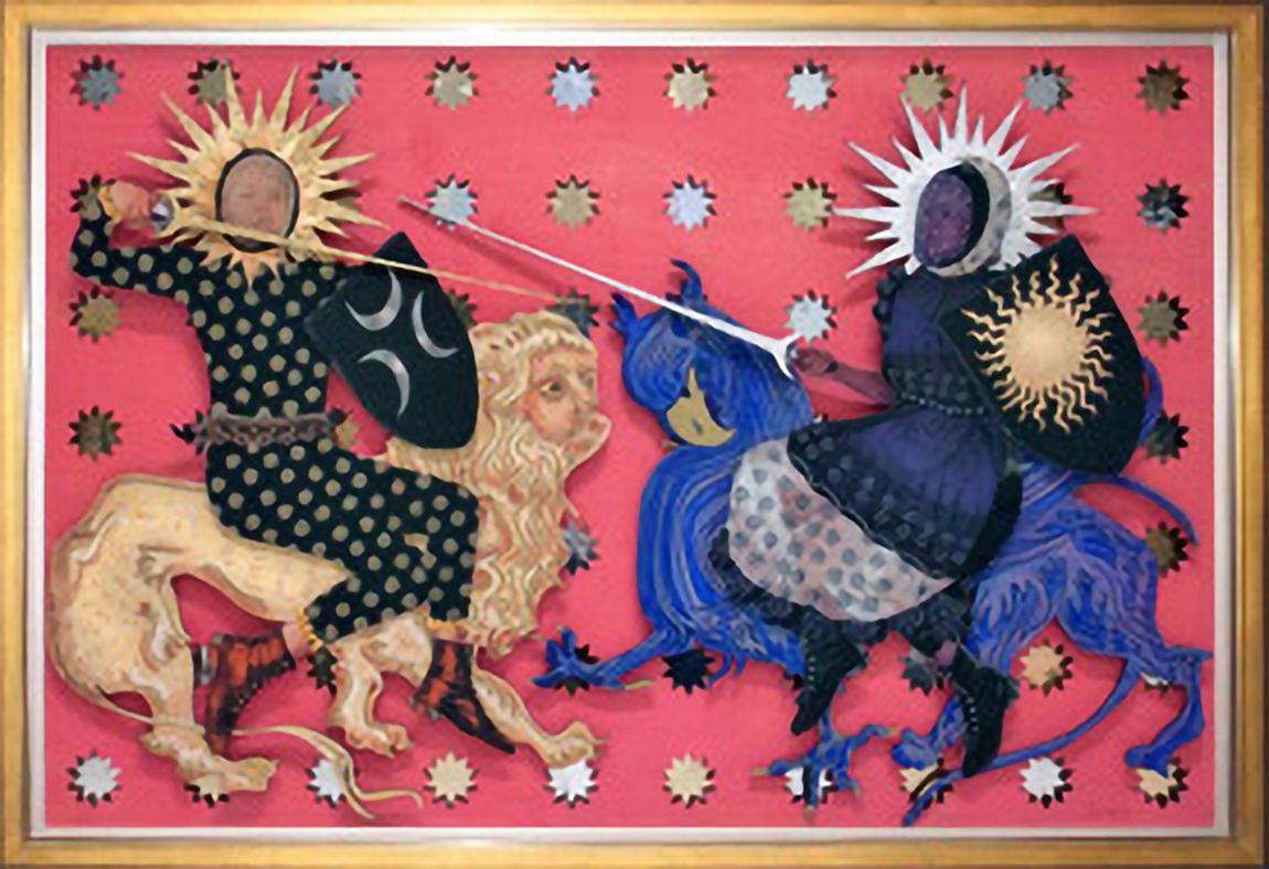 THE DUEL, 2017, gold leaf, silver leaf, laser cut, figurative, sun, moon, pink - Mixed Media Art by Deming King Harriman