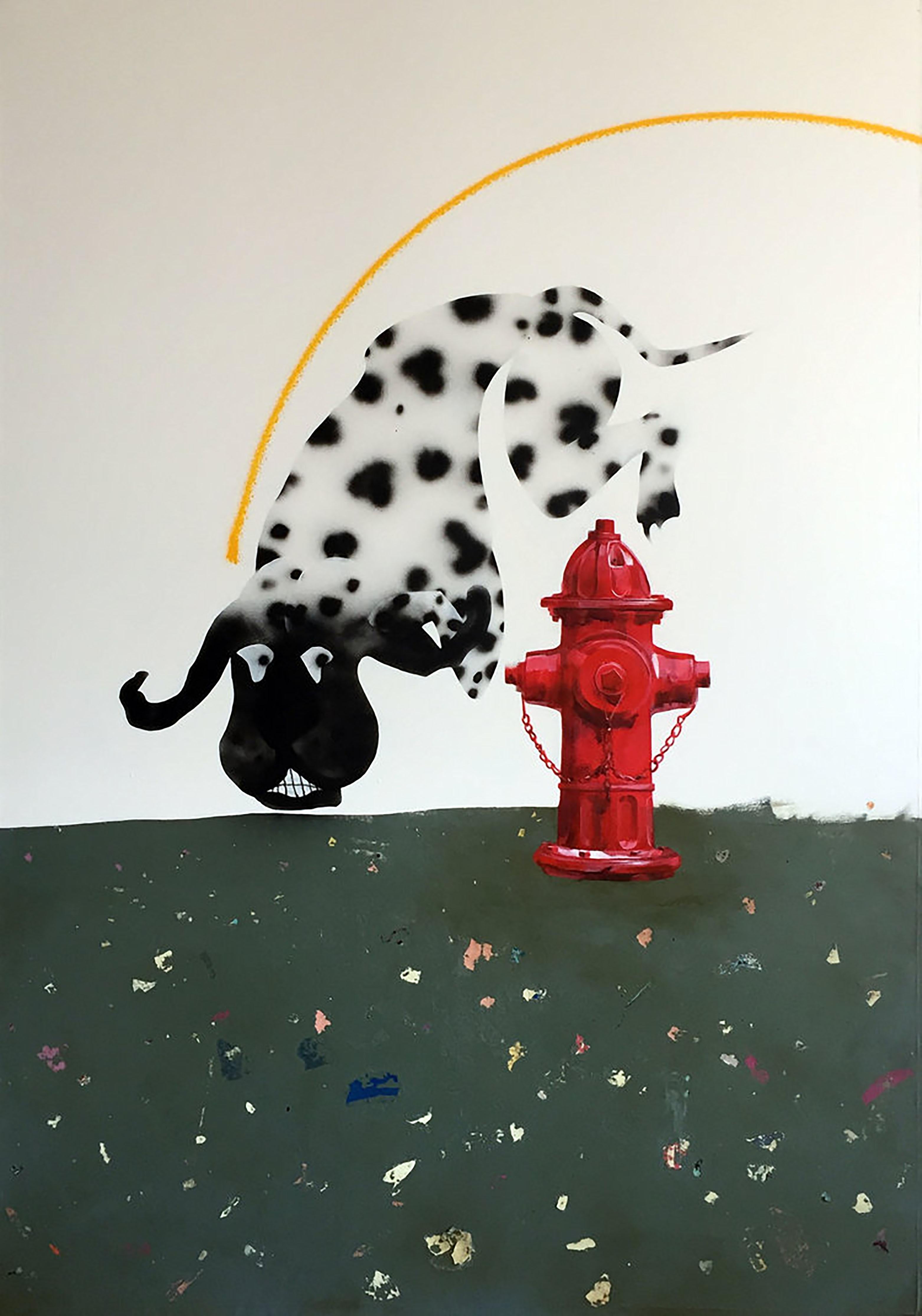 Casey Bolding Figurative Painting - Hot Pavement, 2017, dalmatian, fire hydrant, animal, dog, figurative, white, red