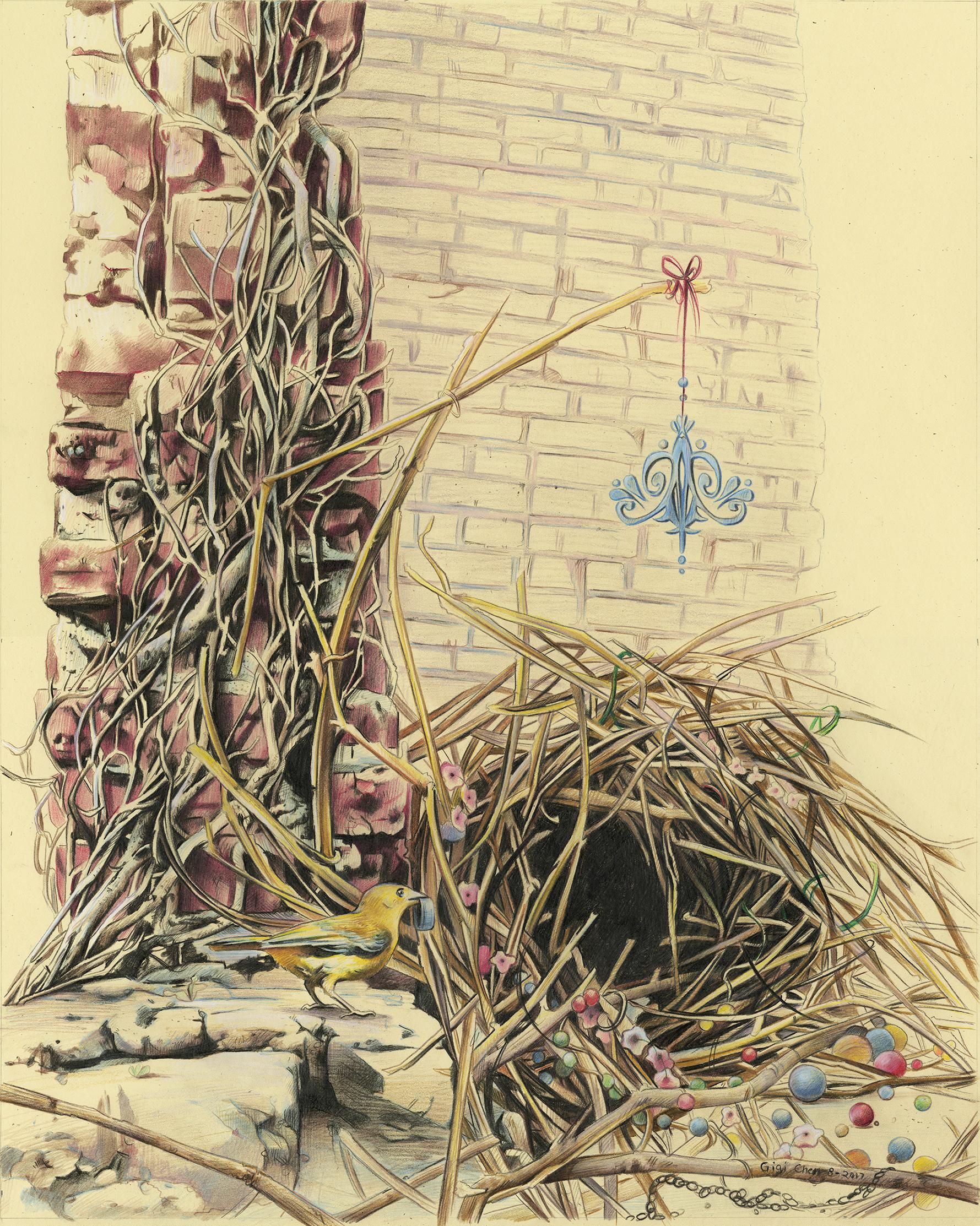 A Structure, 2017, oiseau dans une aiguière, nature, animal, motif, dessin, encadré