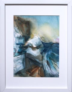 Into the Blue, 2018, watercolor, blue, bedroom, interior, frame, bed, sunlight