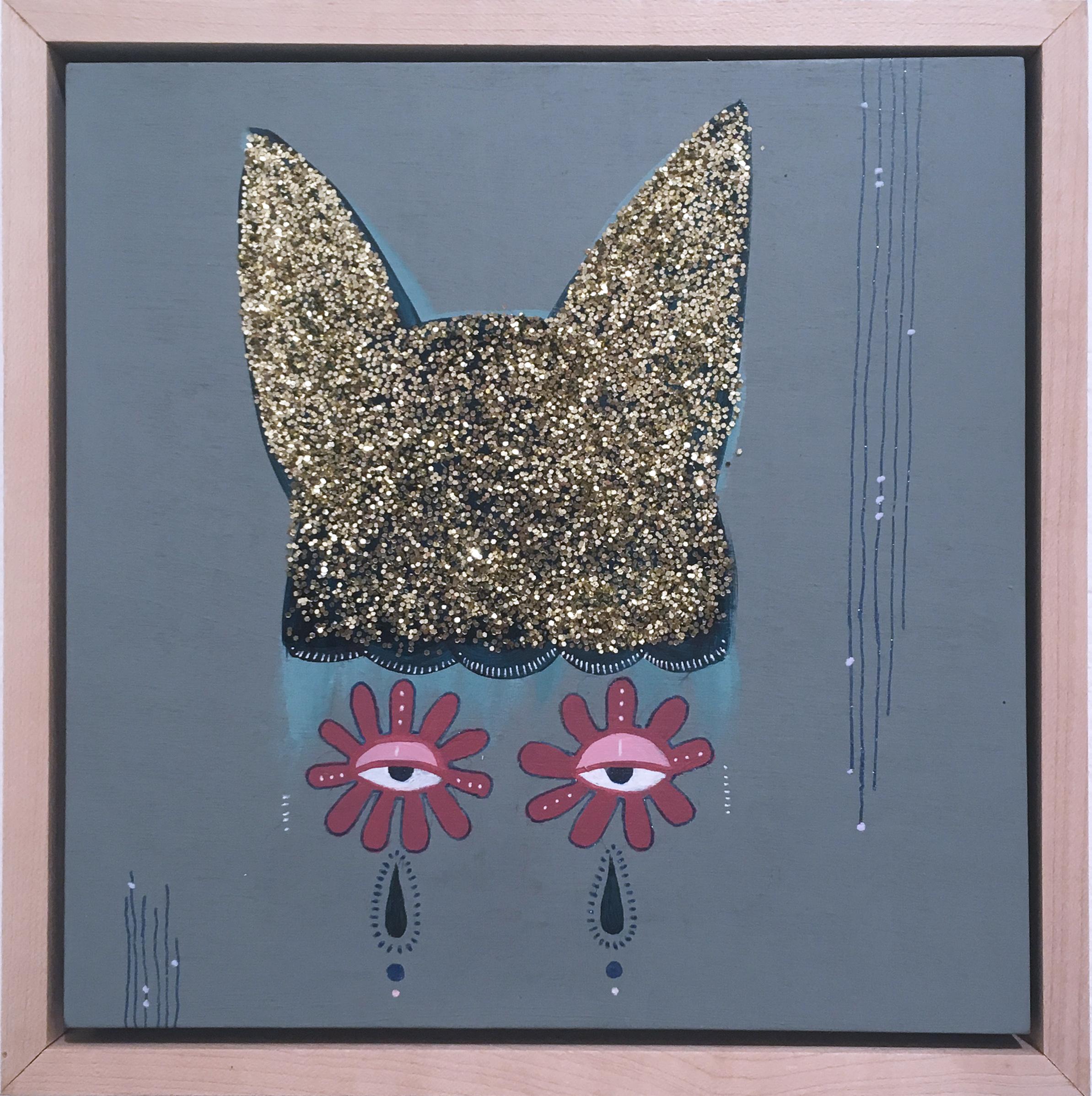 Milk Tears, 2018, blue, cat, mask, glitter, figurative, acrylic and ink on panel - Painting by Rebecca Johnson