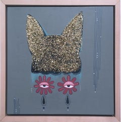 Milk Tears, 2018, blue, cat, mask, glitter, figurative, acrylic and ink on panel