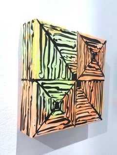 "Maelstrom 29", motivo geometrico astratto, colori pastello e neon brillanti, linee nere