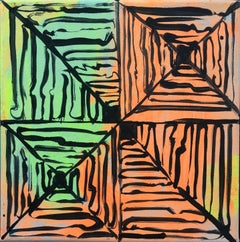 Abstraktes geometrisches Muster „Maelstrom 29“, leuchtendes Pastell und Neon, schwarze Linienführung