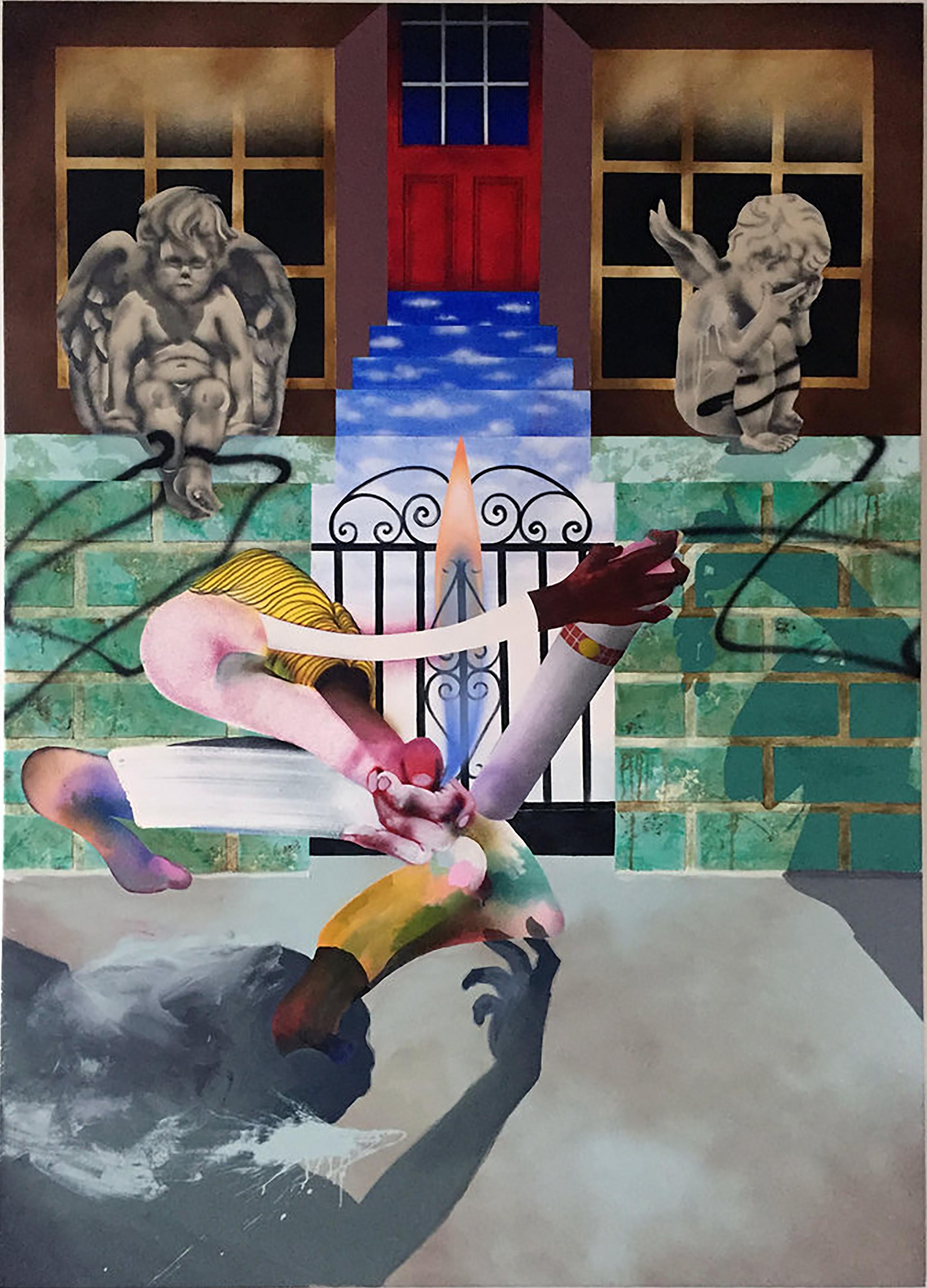 Casey Bolding Landscape Painting - Frantic Phone Call to Mom, cherubs, spray paint, iron gate, surreal, figurative