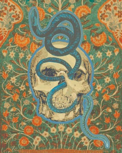 BEGINNINGS AND ENDINGS II, 2017, collage relief, custom framed, skull, snake