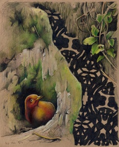 An Occasion #1, Bower bird, drawing, framed, tan, green, pattern, animal, nature