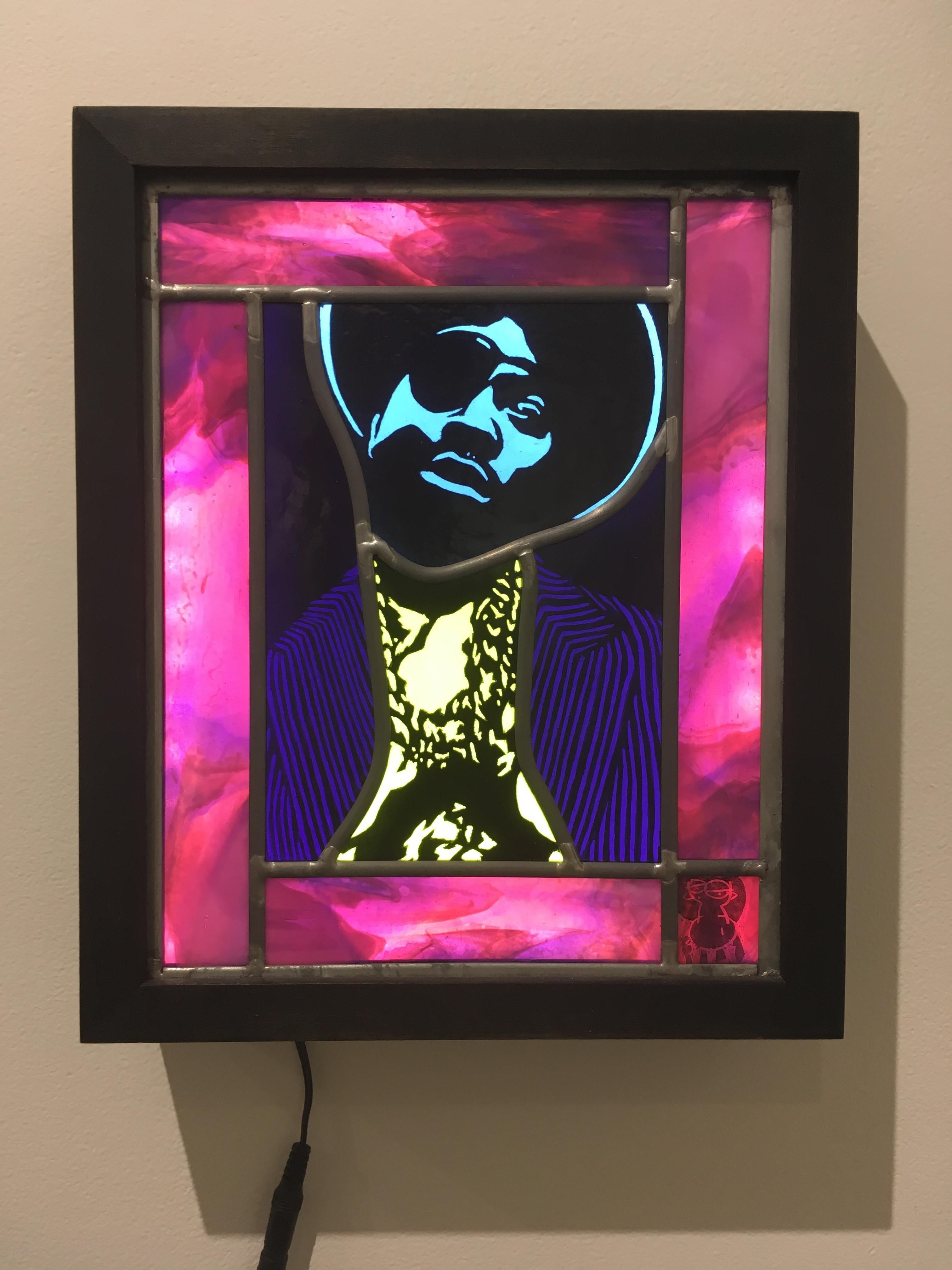 Slick Rick, 2008, traditional stained glass, shadowbox frame, LED lighting, icon - Painting by TF Dutchman