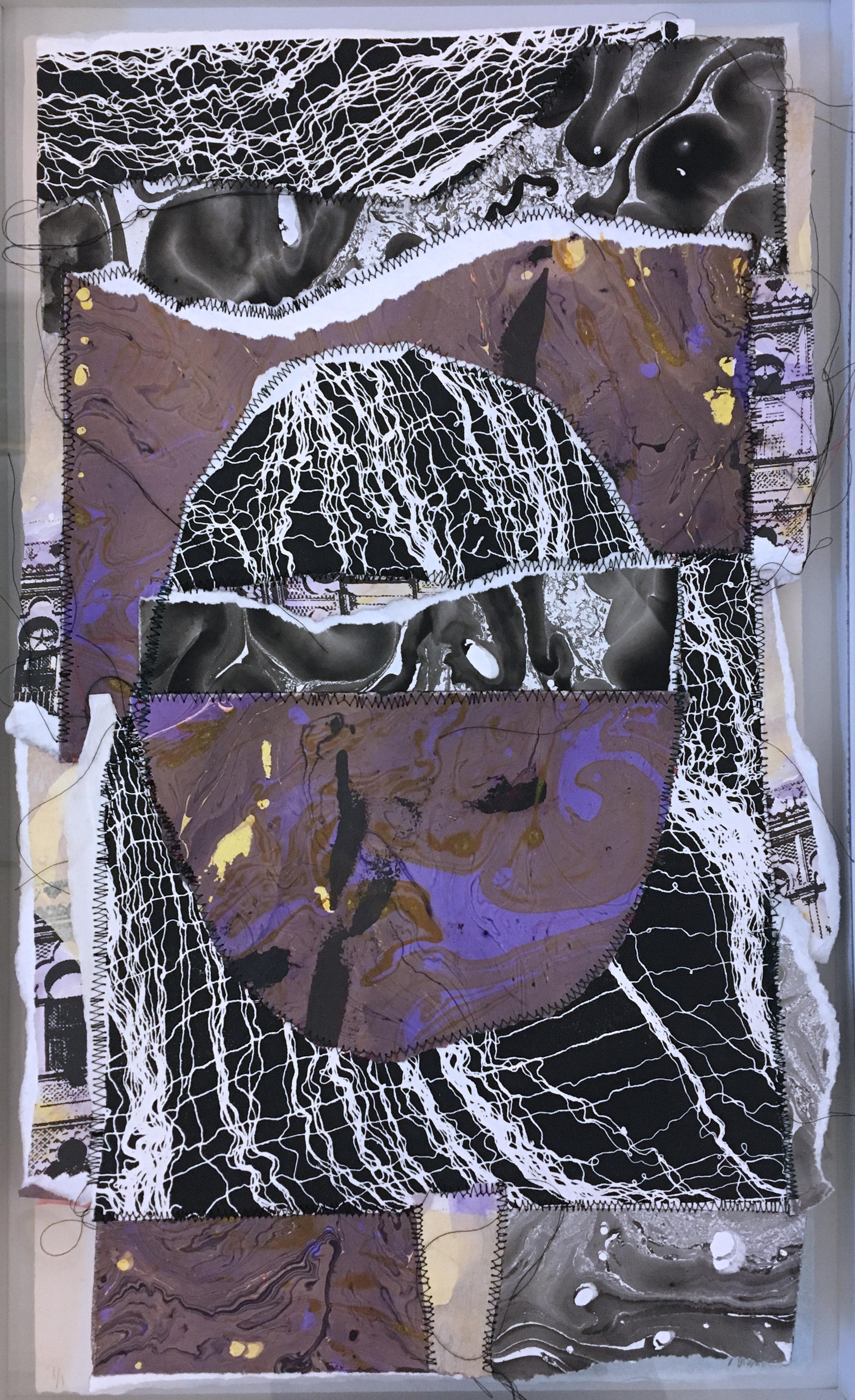 Space Egg, 2018, hand embellished serigraph, screen print, custom frame, purple - Mixed Media Art by Loren Abbate