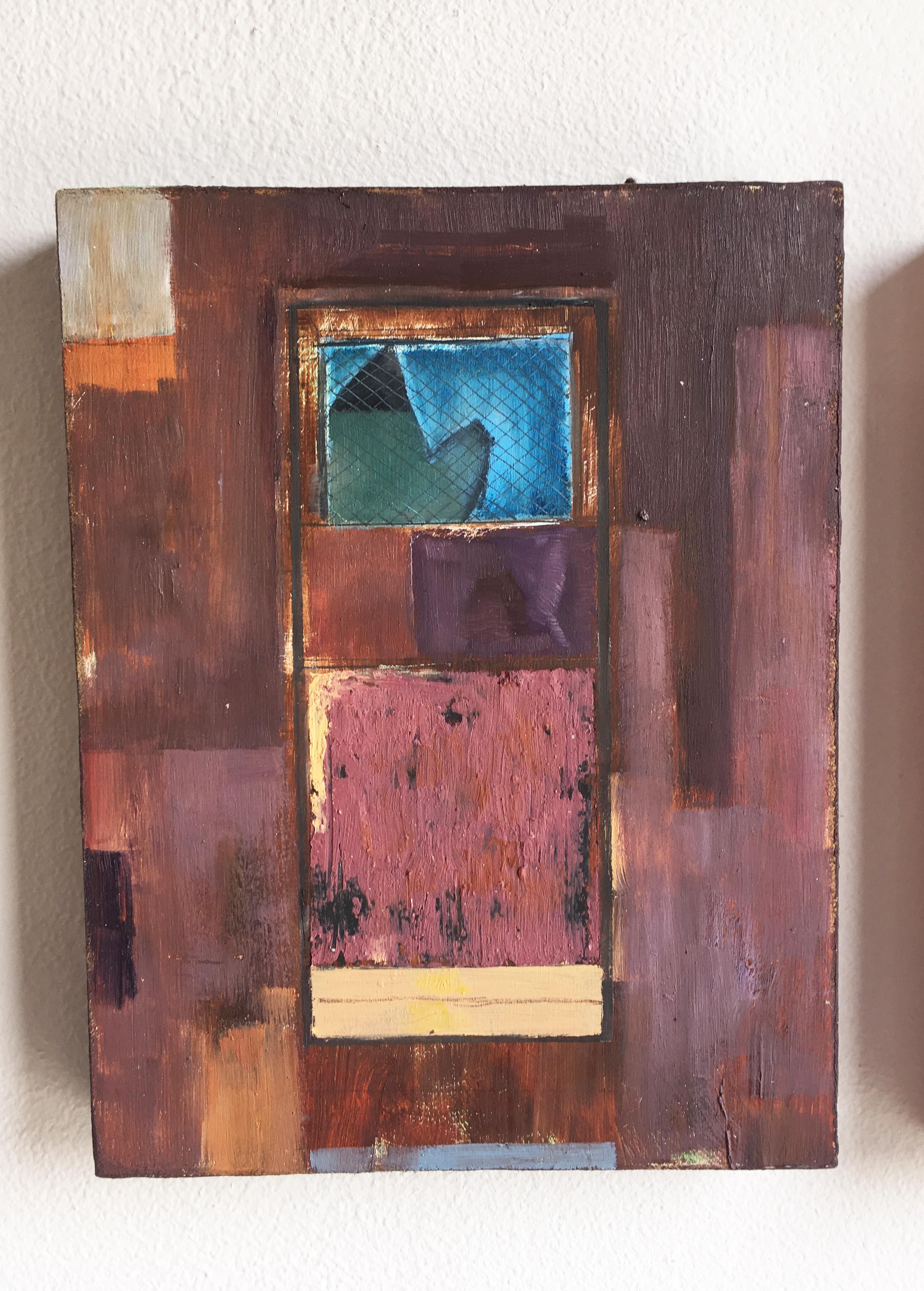 Francesca Reyes Figurative Painting - "Door #1 (Reanimator)" Oil & pastel on panel, rust color earth tones, textured