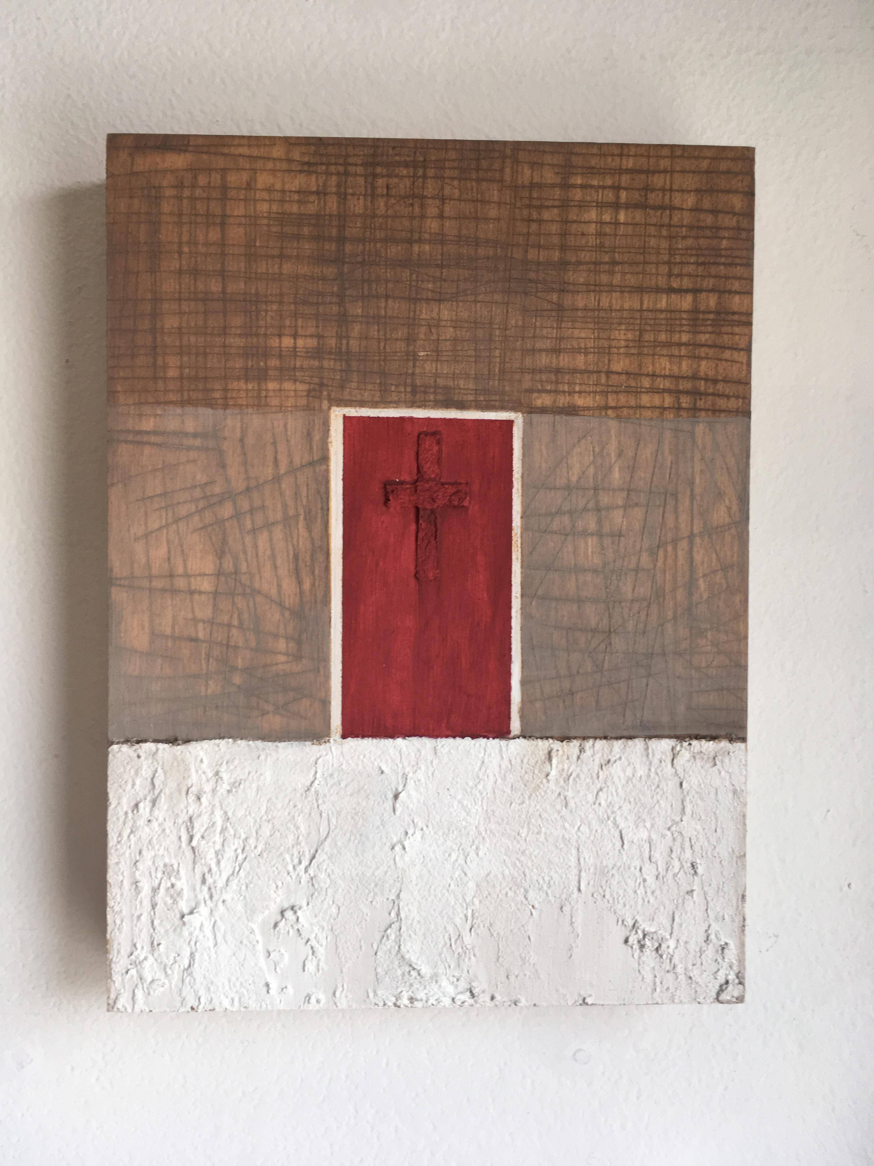 Door #8 (Cross), textured oil painting on wood panel, earth tones, exterior, red - Painting by Francesca Reyes