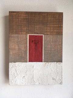 Door #8 (Cross), textured oil painting on wood panel, earth tones, exterior, red