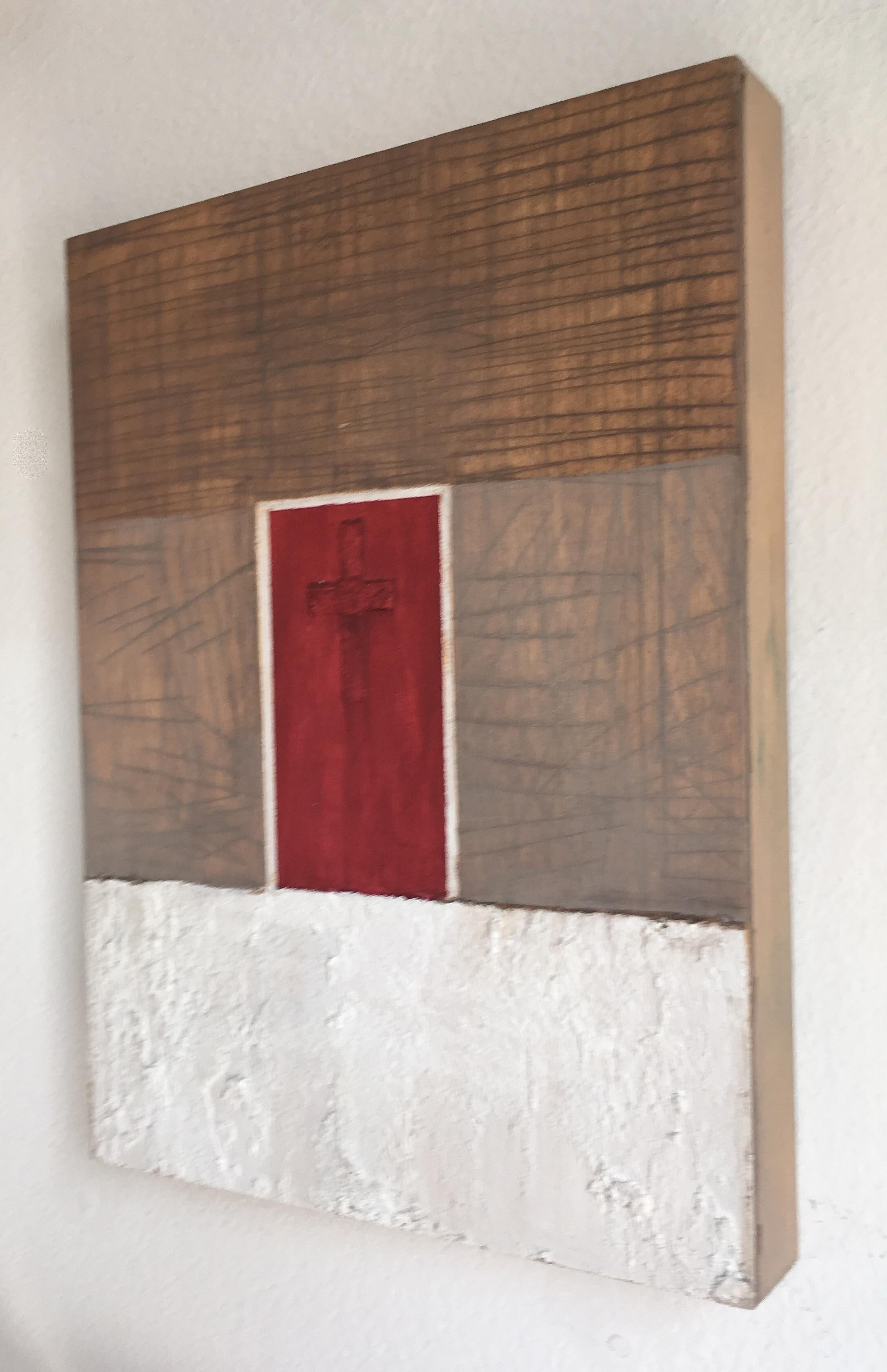 Door #8 (Cross), textured oil painting on wood panel, earth tones, exterior, red - Contemporary Painting by Francesca Reyes