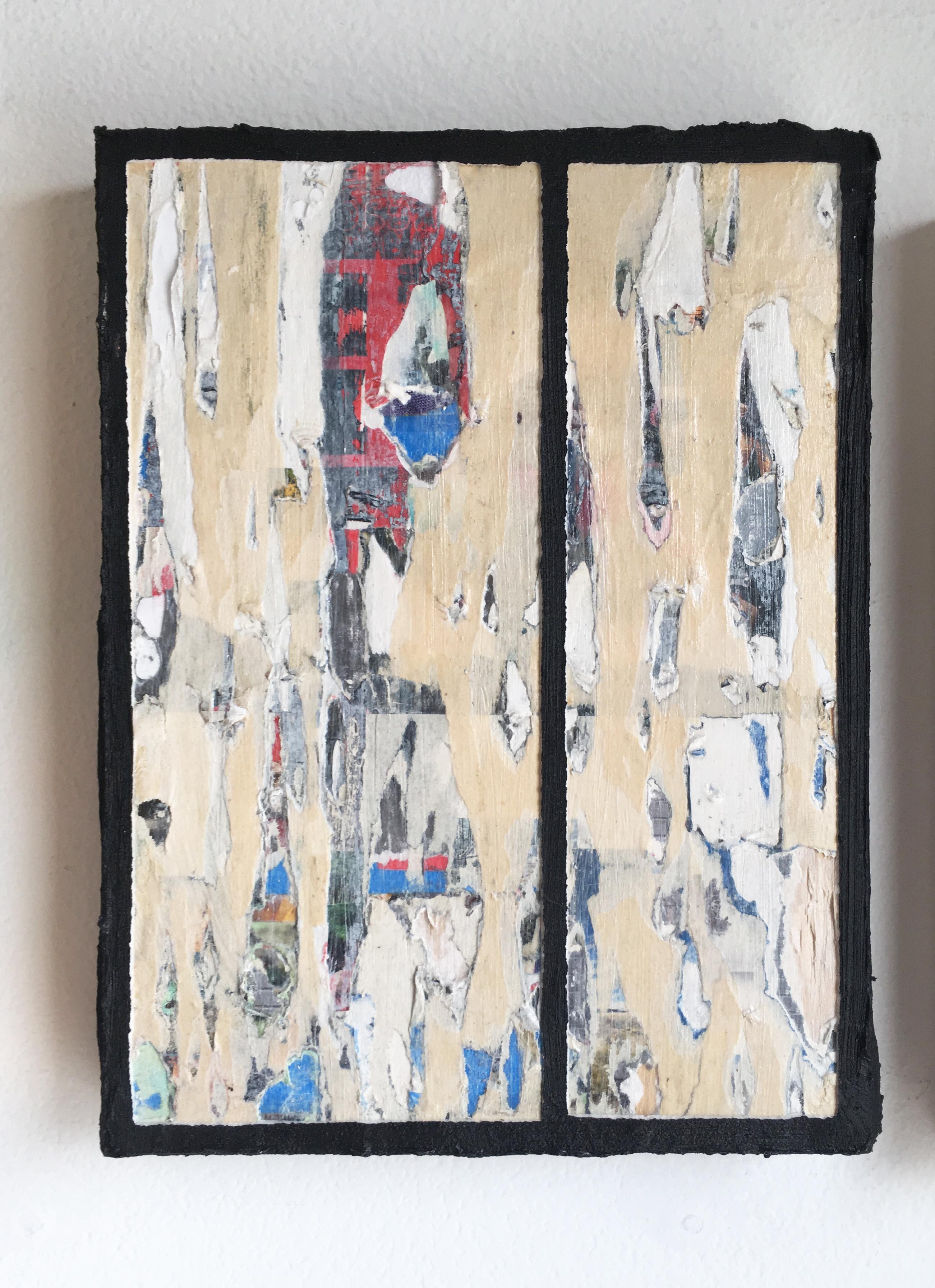 Francesca Reyes Figurative Painting - "Door #12 (Magazines)" Oil & paper on wood panel, earth tones & black, texture