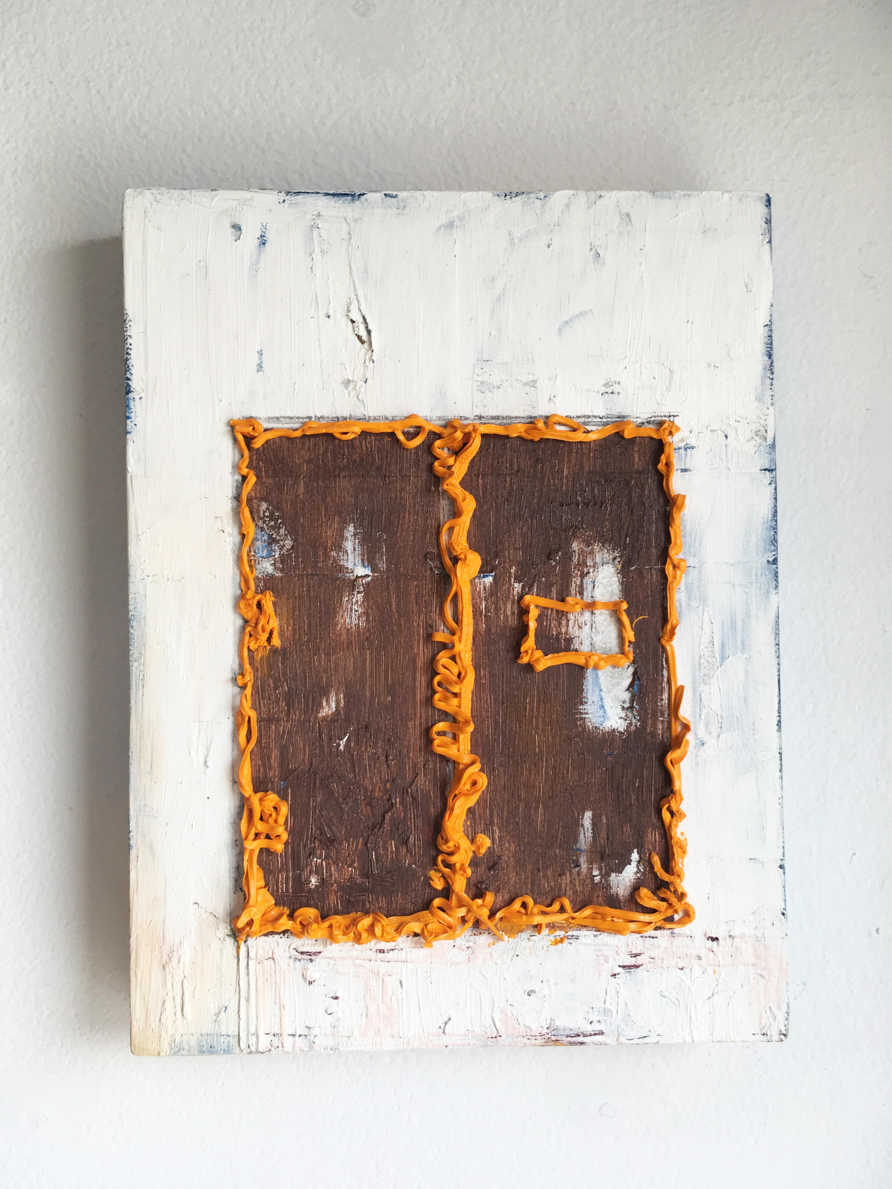 Francesca Reyes Figurative Painting - "Door #16 (Insulation)" Oil on panel, Figurative abstraction, architecture, door