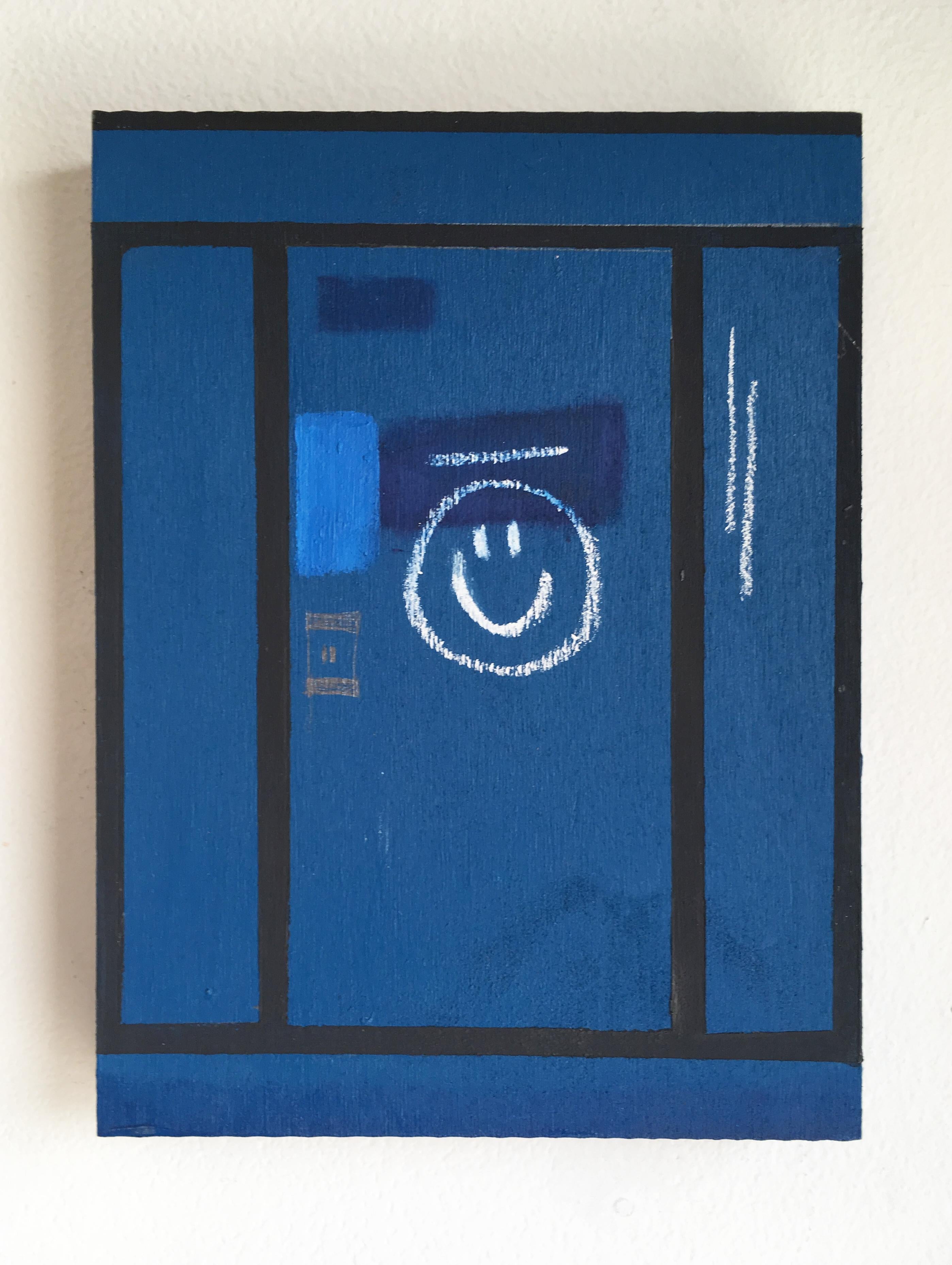 "Door #19 (Smile)" Oil painting on panel, smiley face bright blue, architecture
