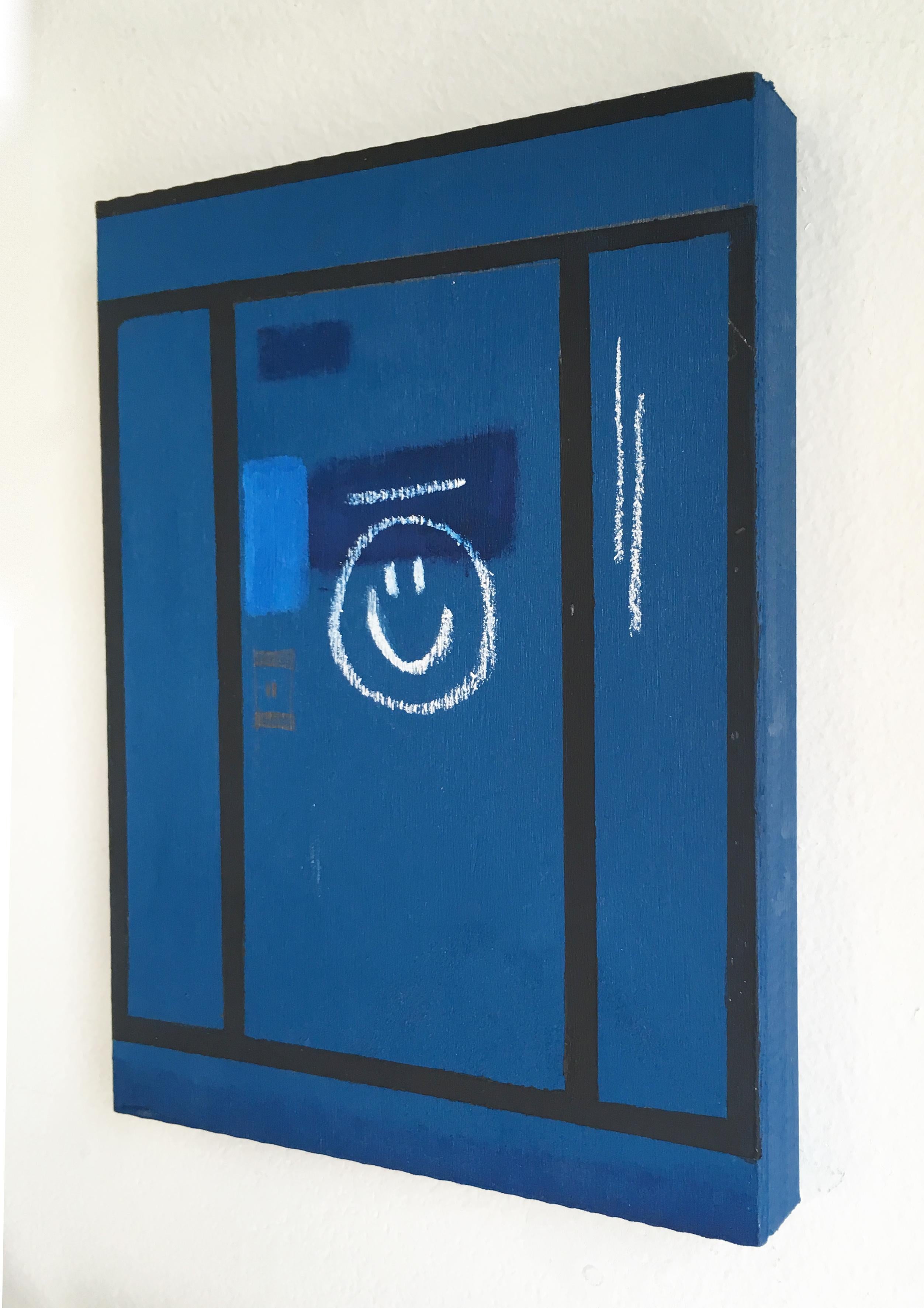 « Door #19 (Smile) », peinture à l'huile sur panneau, visage sourire, bleu vif, architecture - Bleu Landscape Painting par Francesca Reyes
