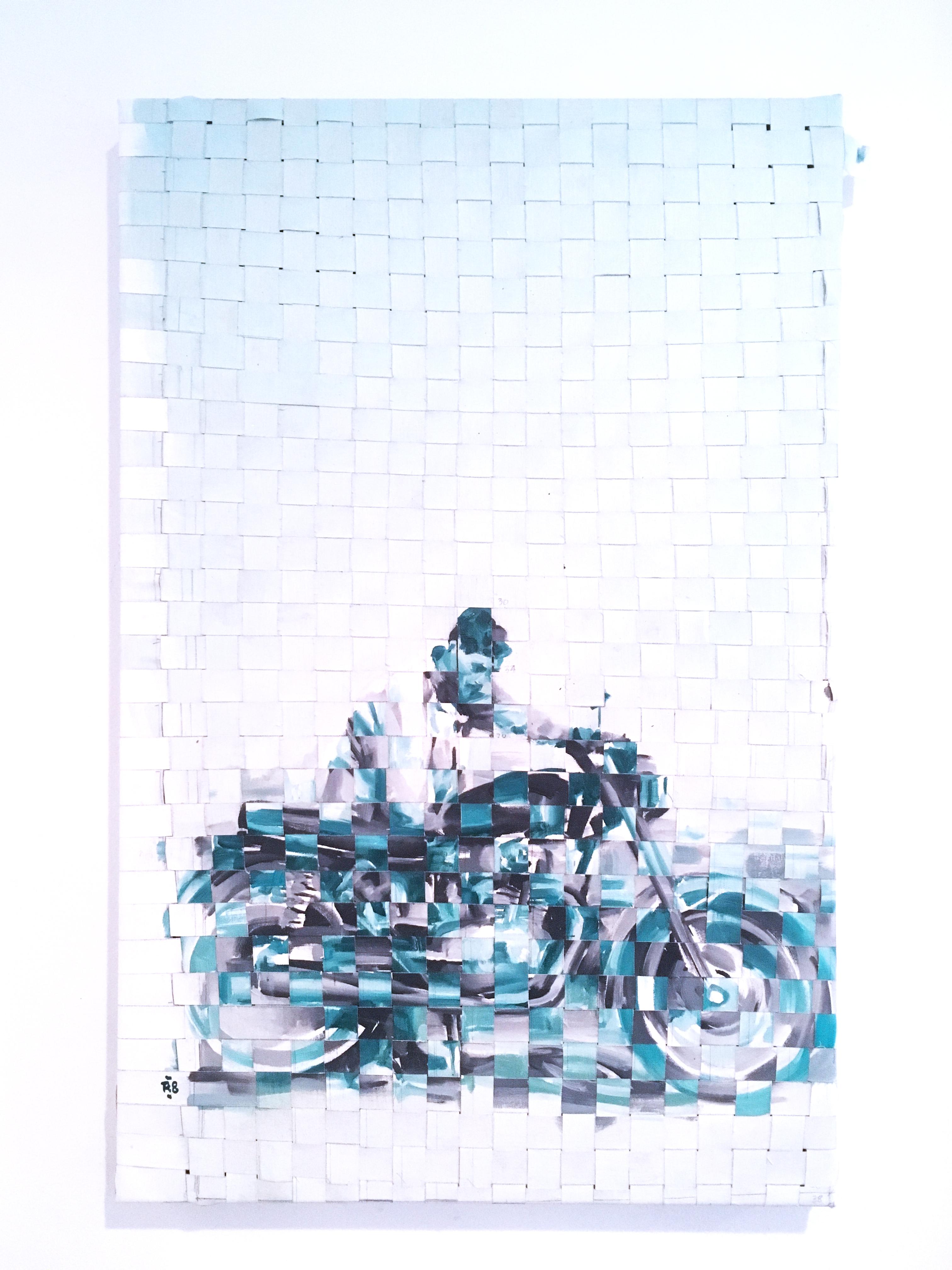 "MOTO WEAVE" turquoise, woven oil painting on canvas, 2019