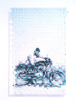 Türkisfarbenes, gewebtes Ölgemälde auf Leinwand „MOTO WEAVE“, 2019