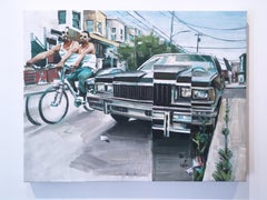 "East Ontario & Tampa Street", cityscape oil painting on canvas, 2019, bike, car