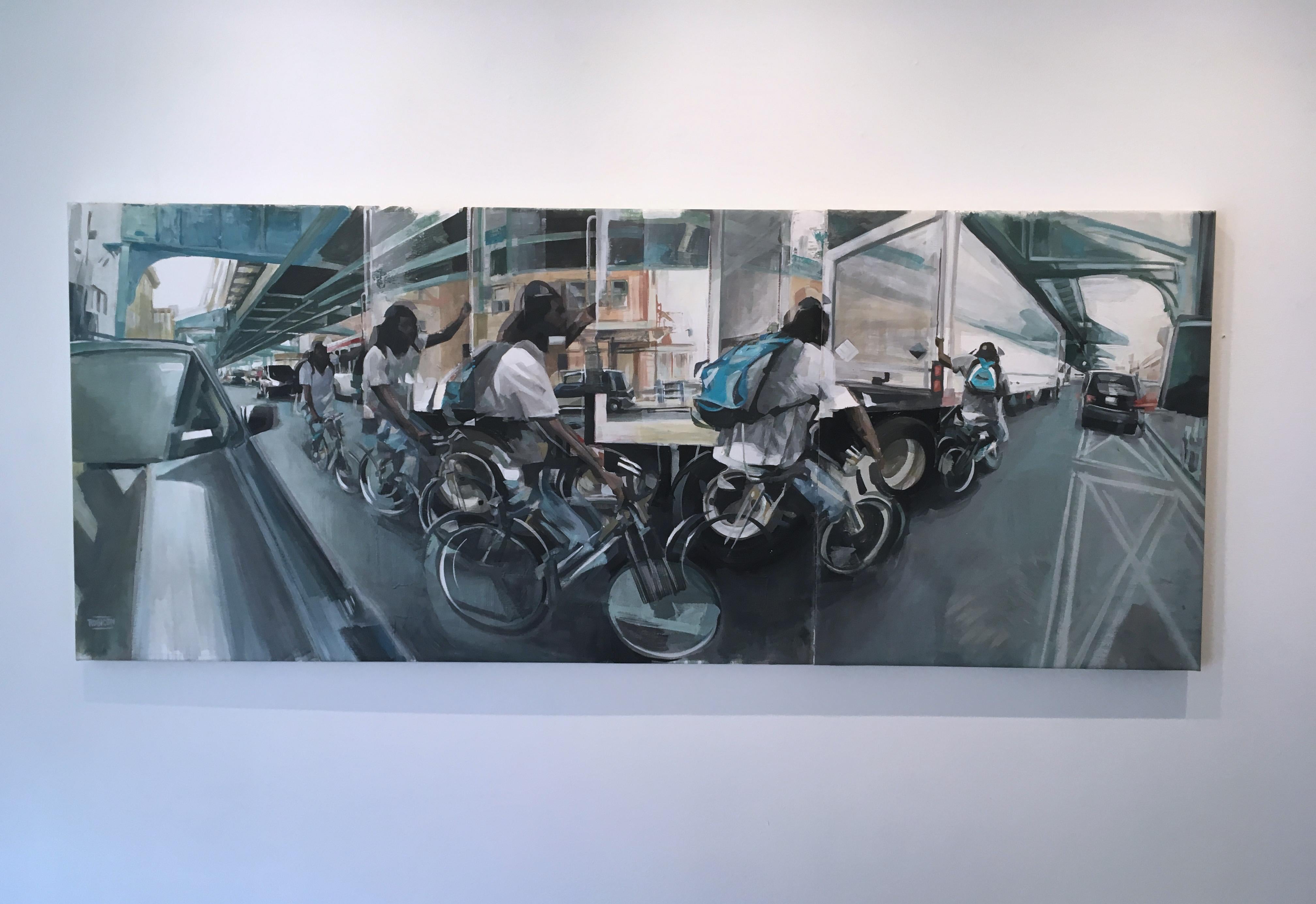 "Kensington Avenue", pittura figurativa a olio su tela, 2019 con ciclista