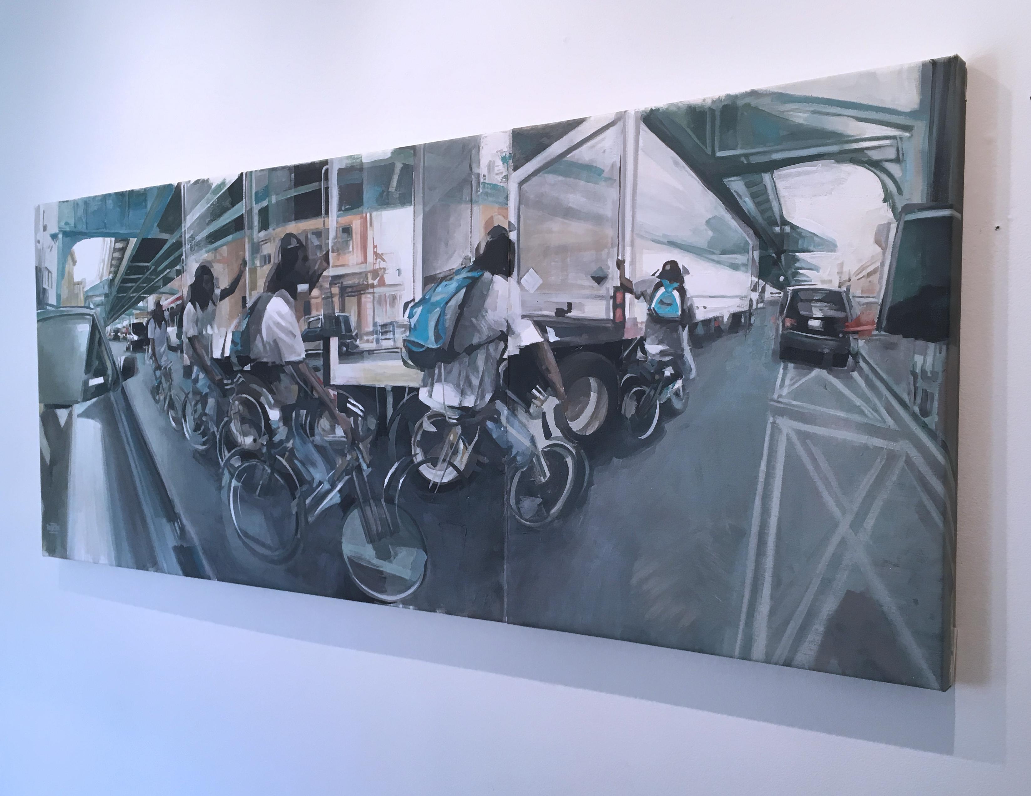 « Kensington Avenue », peinture à l'huile figurative sur toile, 2019 avec cycliste  - Contemporain Painting par RU8ICON1