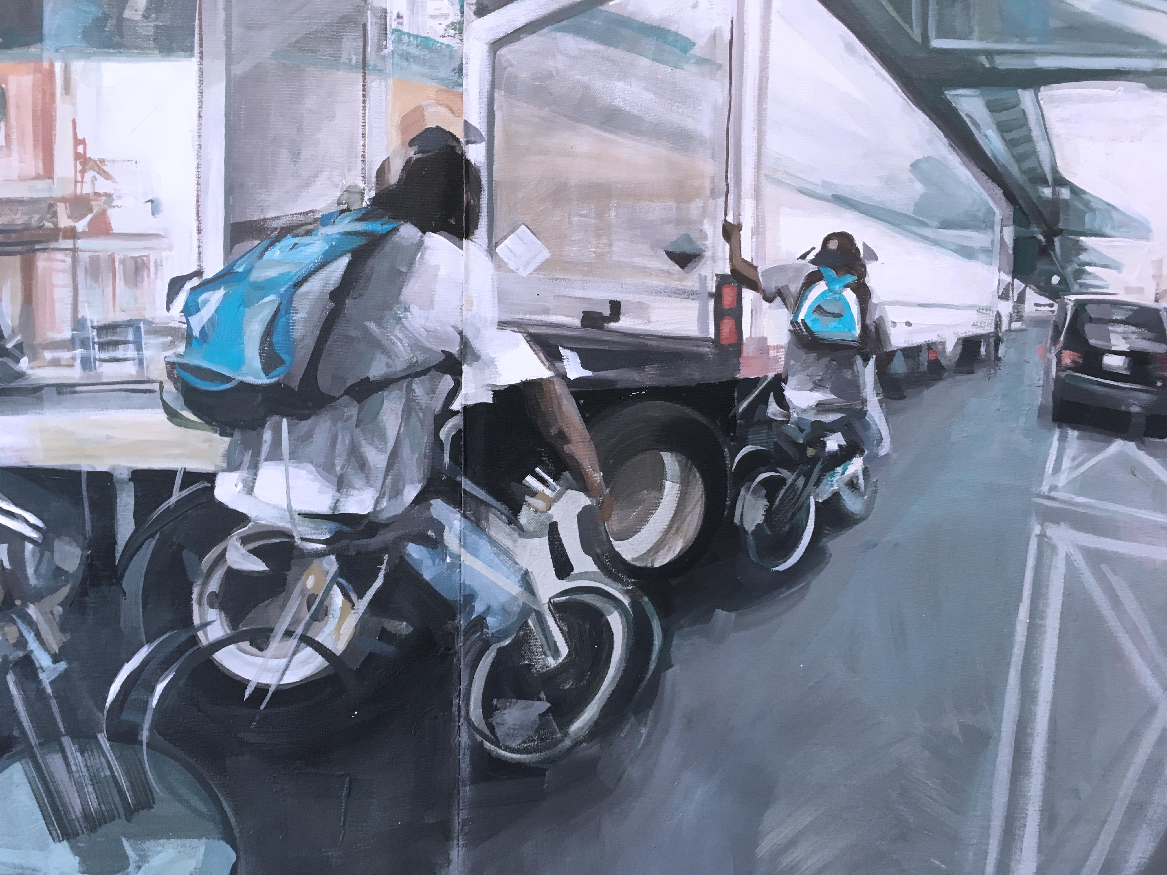 « Kensington Avenue », peinture à l'huile figurative sur toile, 2019 avec cycliste  en vente 1