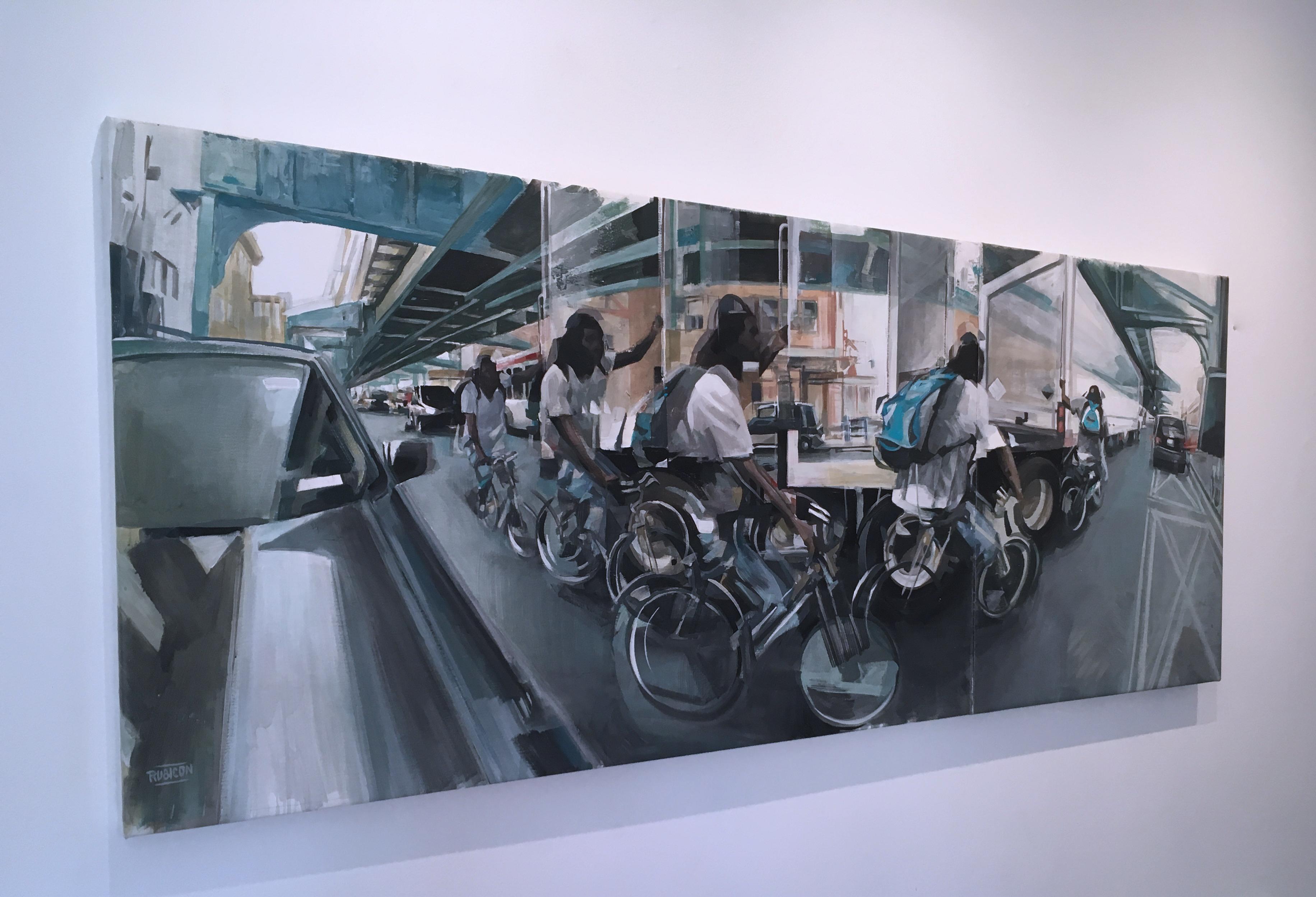« Kensington Avenue », peinture à l'huile figurative sur toile, 2019 avec cycliste  - Gris Figurative Painting par RU8ICON1
