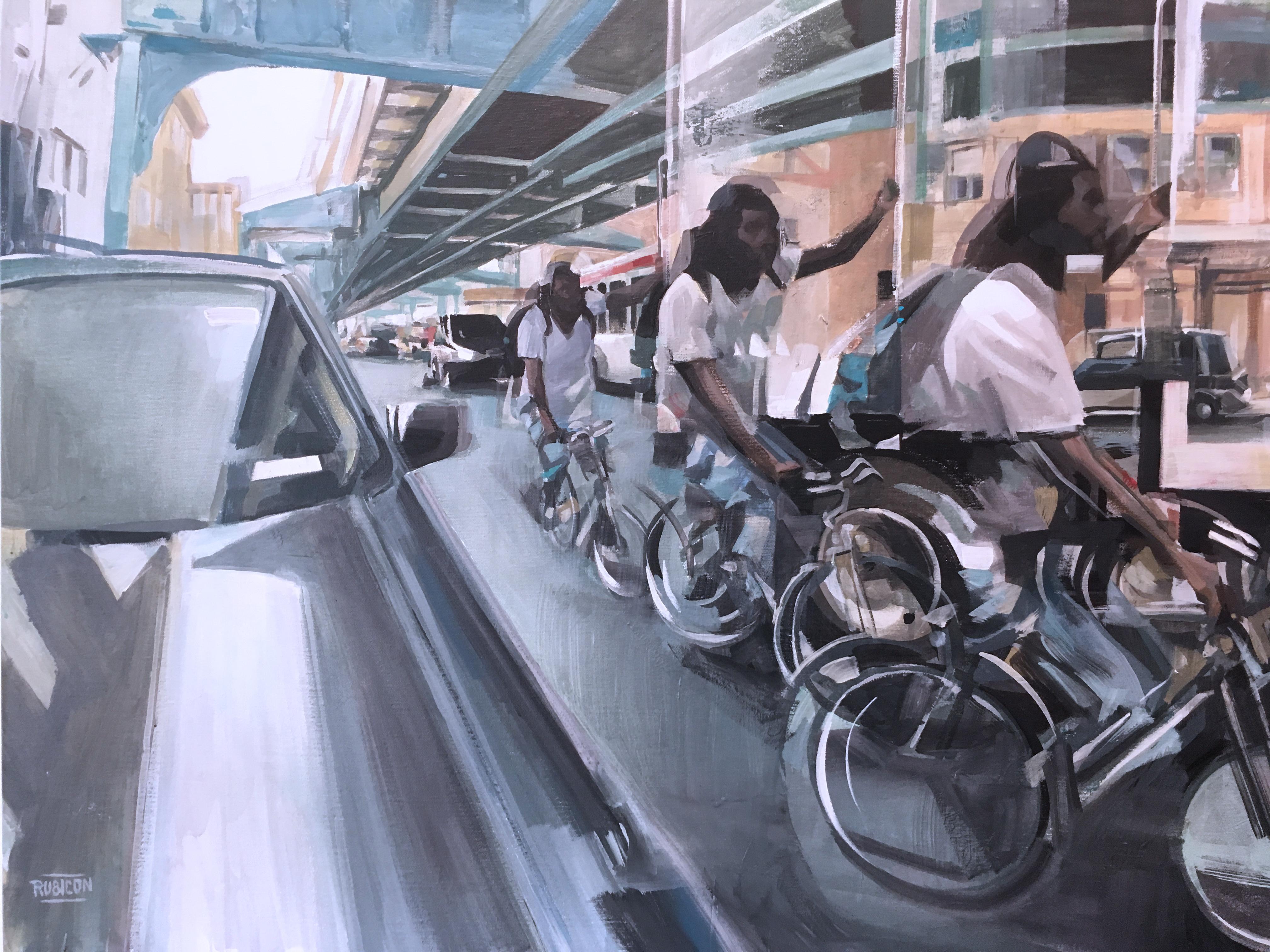 « Kensington Avenue », peinture à l'huile figurative sur toile, 2019 avec cycliste  en vente 2