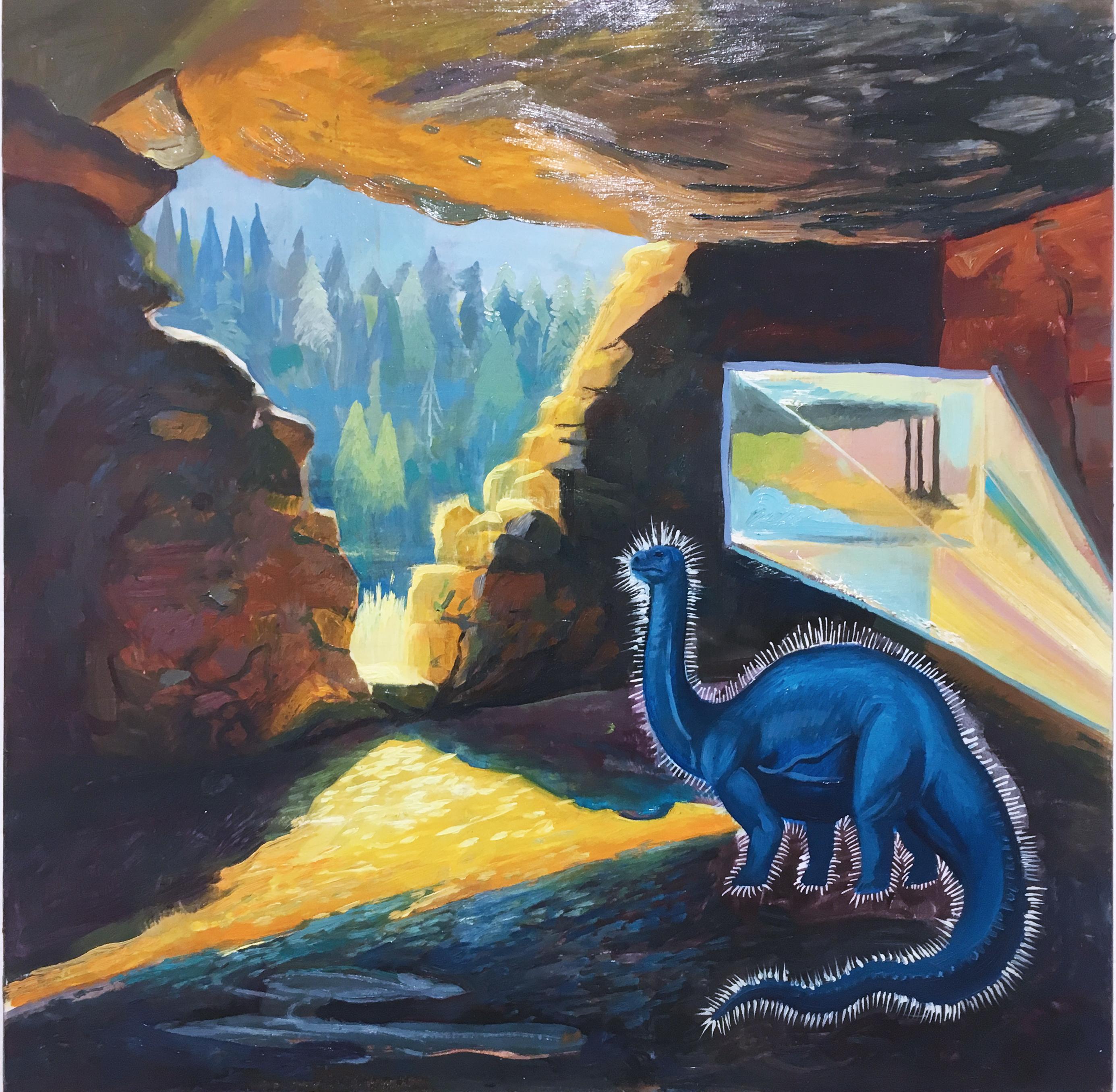 Fossil Fuel (small), surrealist, landscape, oil and gouache on cradled panel