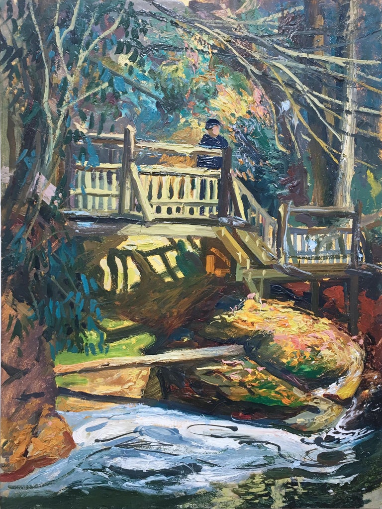 NJ Bridge, plein air figurative, landscape, oil on panel, 2015 - Painting by Thomas John Carlson