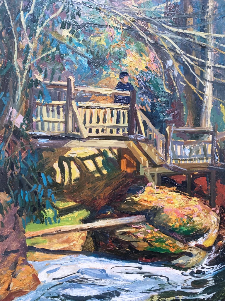 NJ Bridge, plein air figurative, landscape, oil on panel, 2015 For Sale 1
