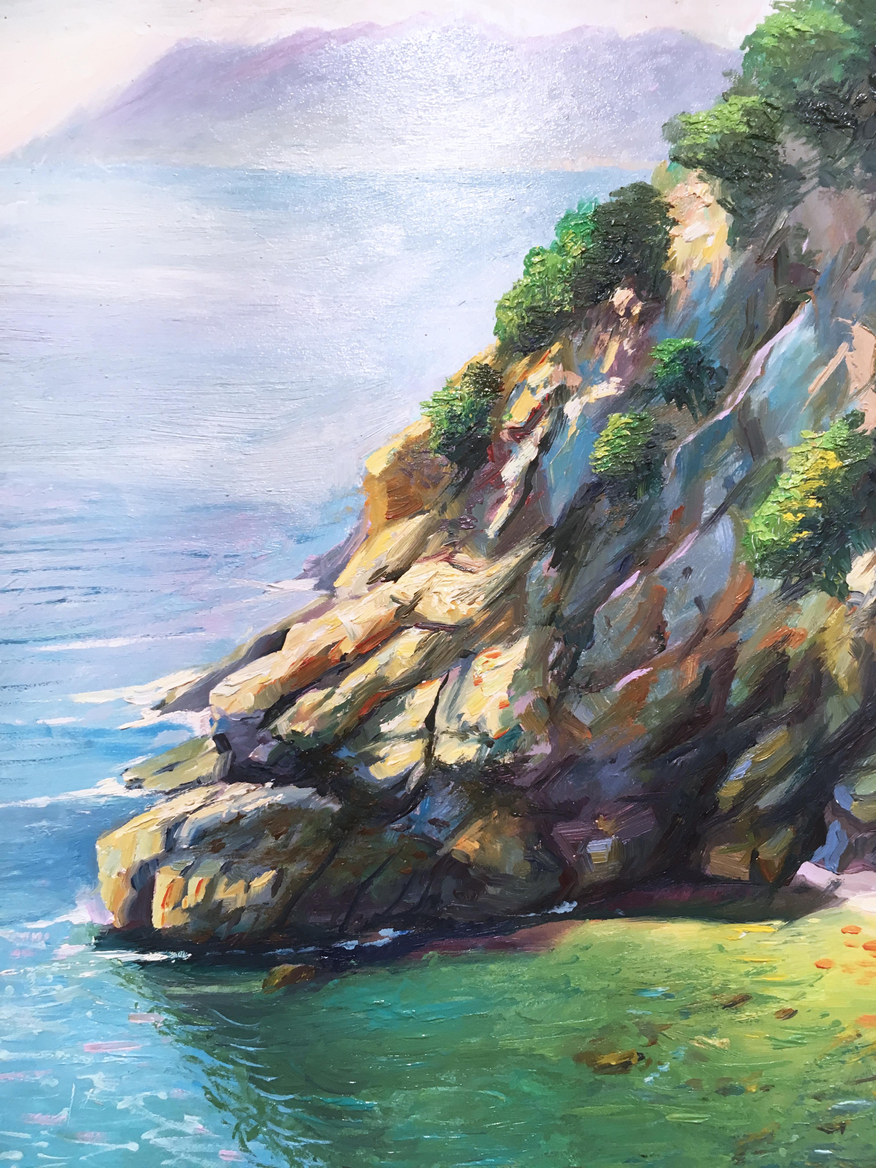 Cornelia, plein air figurative, landscape, seascape, oil on panel, 2016 - Gray Figurative Painting by Thomas John Carlson