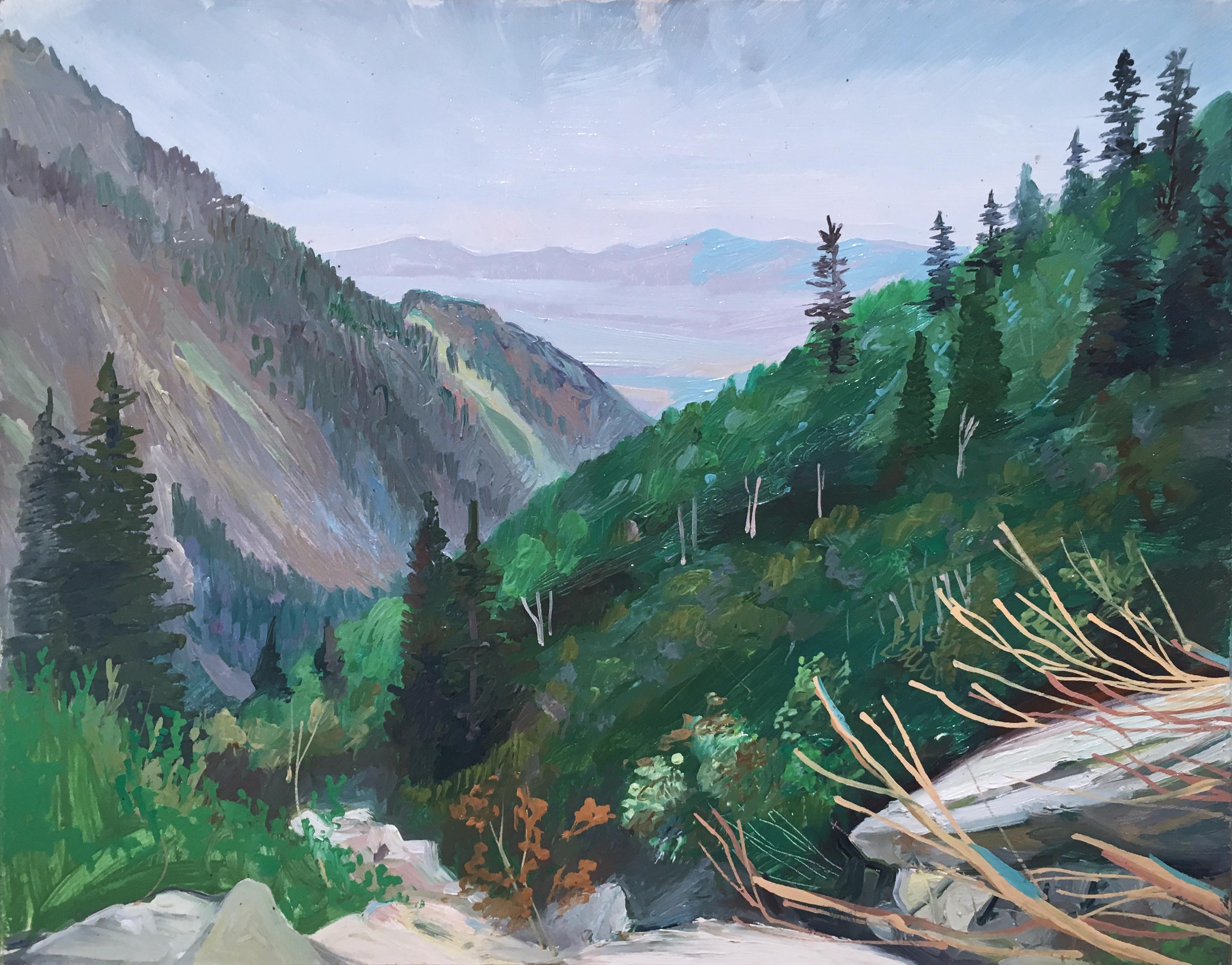 Thomas John Carlson Figurative Painting - South View of SLC, plein air figurative, landscape, oil on panel, 2015