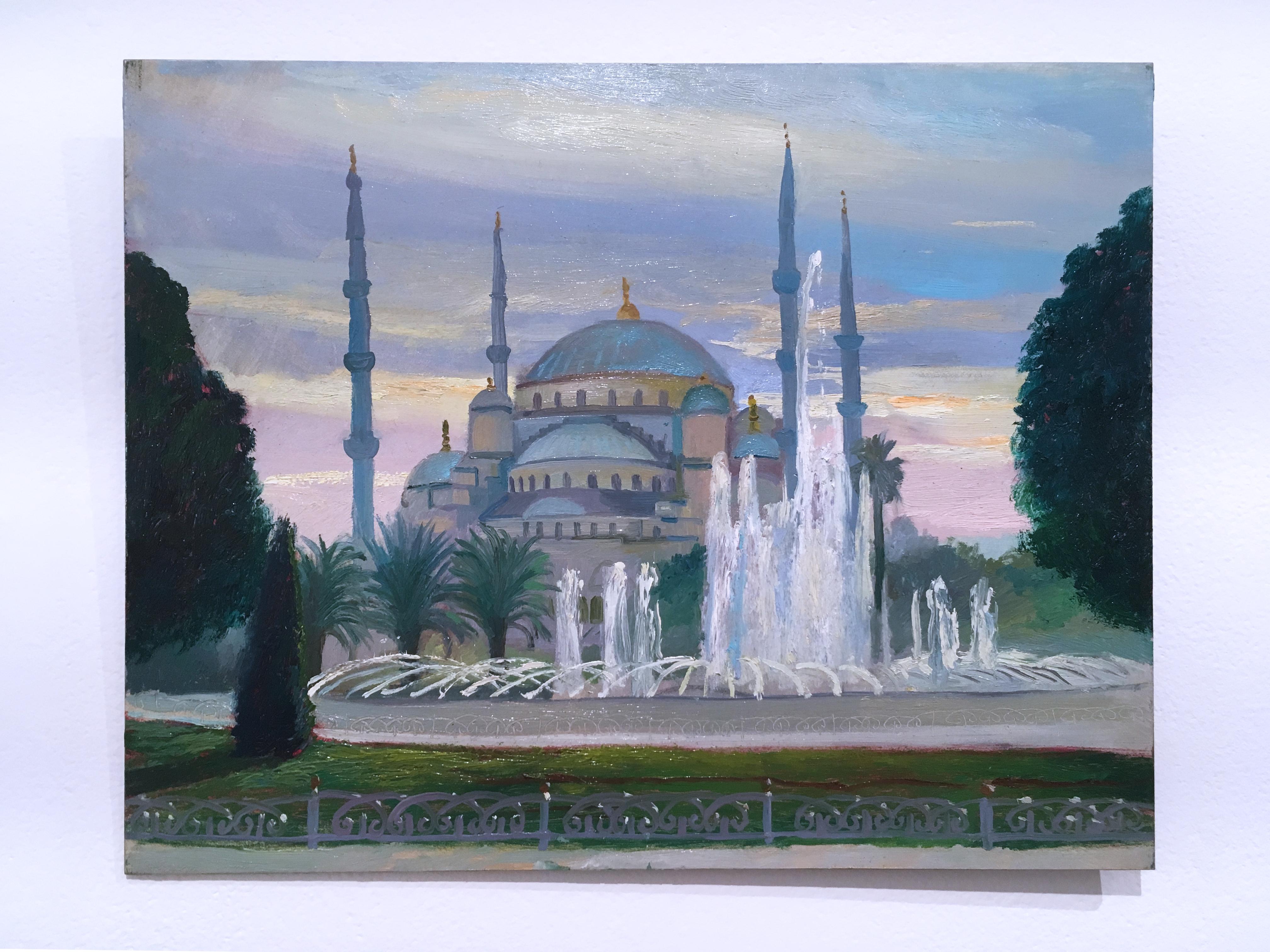 Thomas John Carlson Landscape Painting - Istanbul Blue Mosque, plein air figurative, landscape, oil on panel, 2014