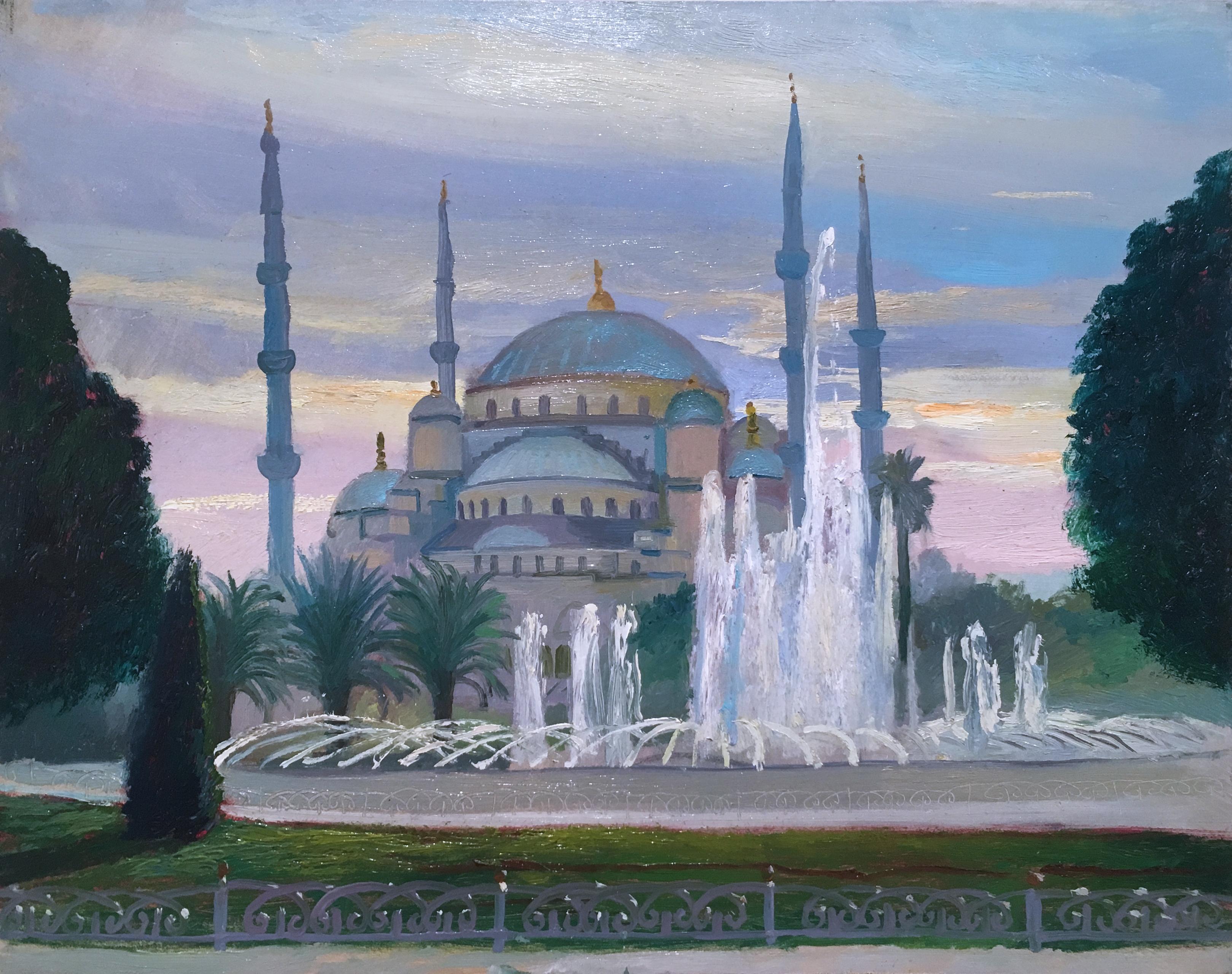 Istanbul Blue Mosque, plein air figurative, landscape, oil on panel, 2014 - Painting by Thomas John Carlson