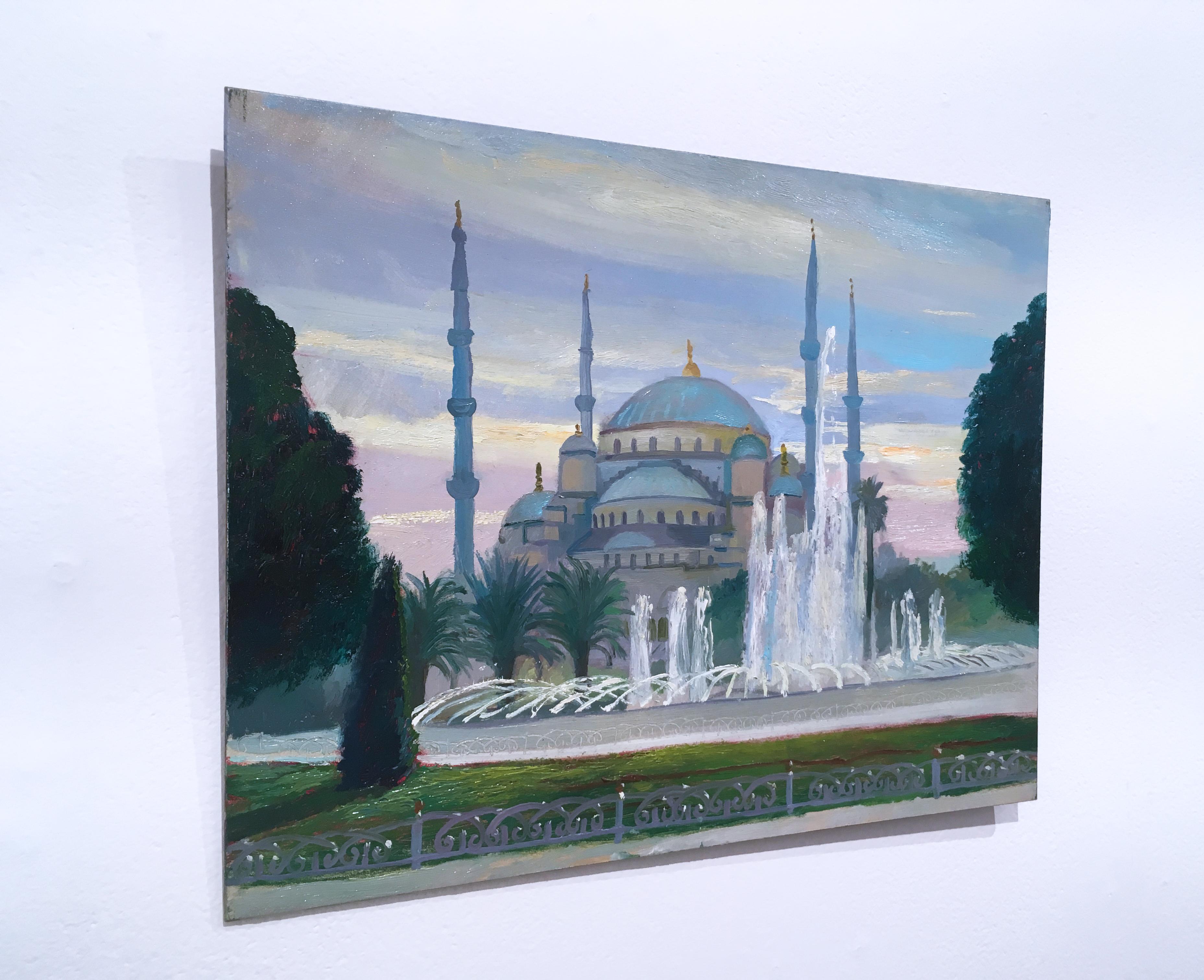 Istanbul Blue Mosque, plein air figurative, landscape, oil on panel, 2014 - Contemporary Painting by Thomas John Carlson