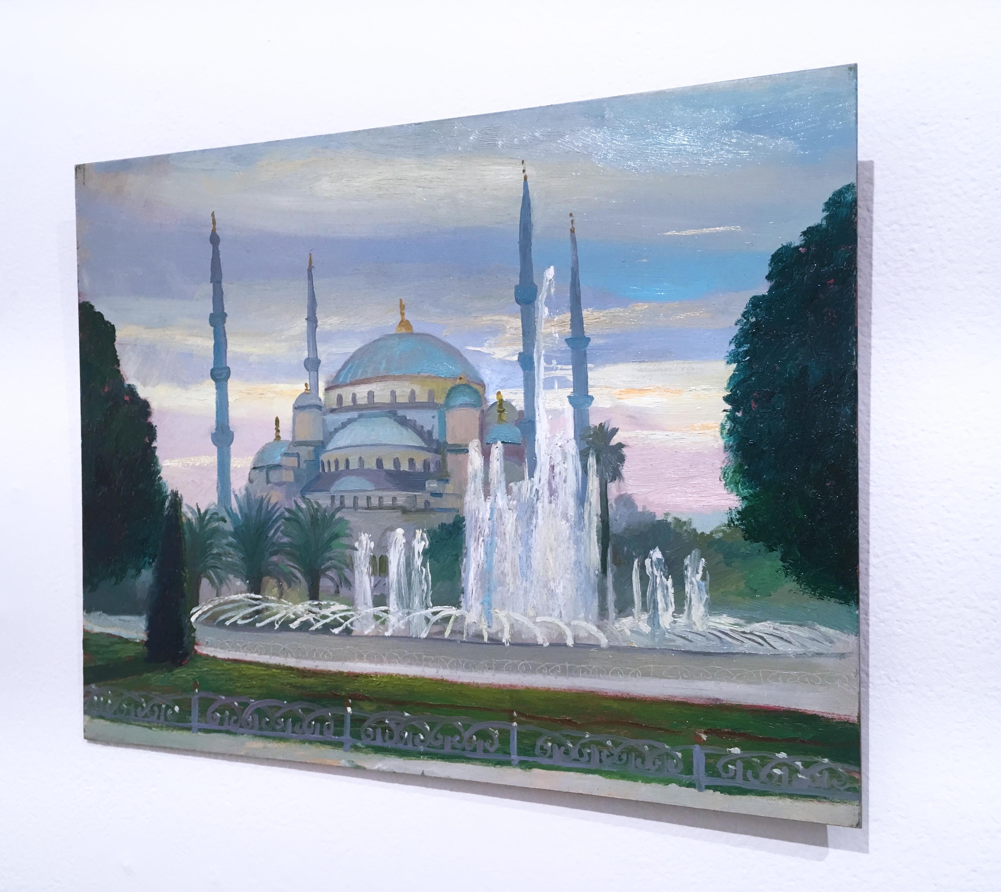 Istanbul Blue Mosque, plein air figurative, landscape, oil on panel, 2014 - Gray Landscape Painting by Thomas John Carlson