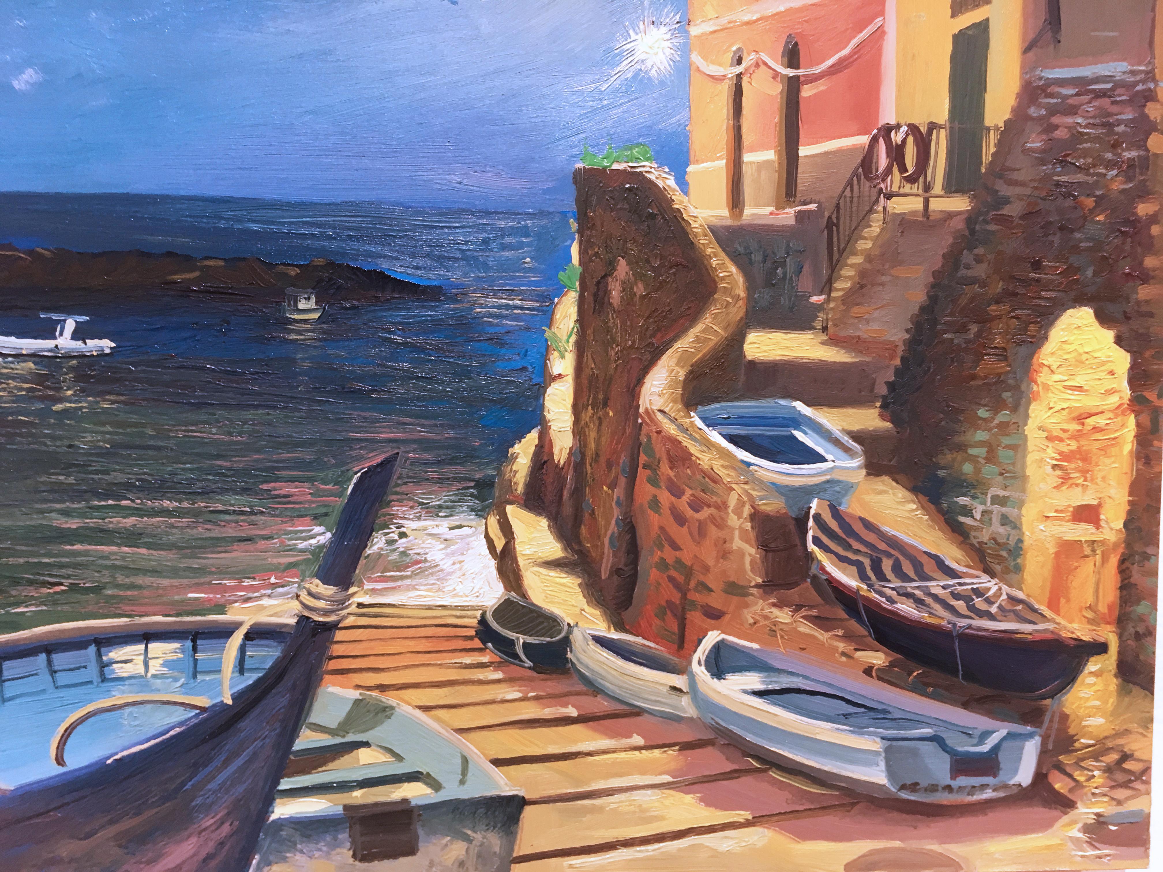 Riomaggiore, plein air figurative, landscape, oil on panel, 2016 For Sale 1