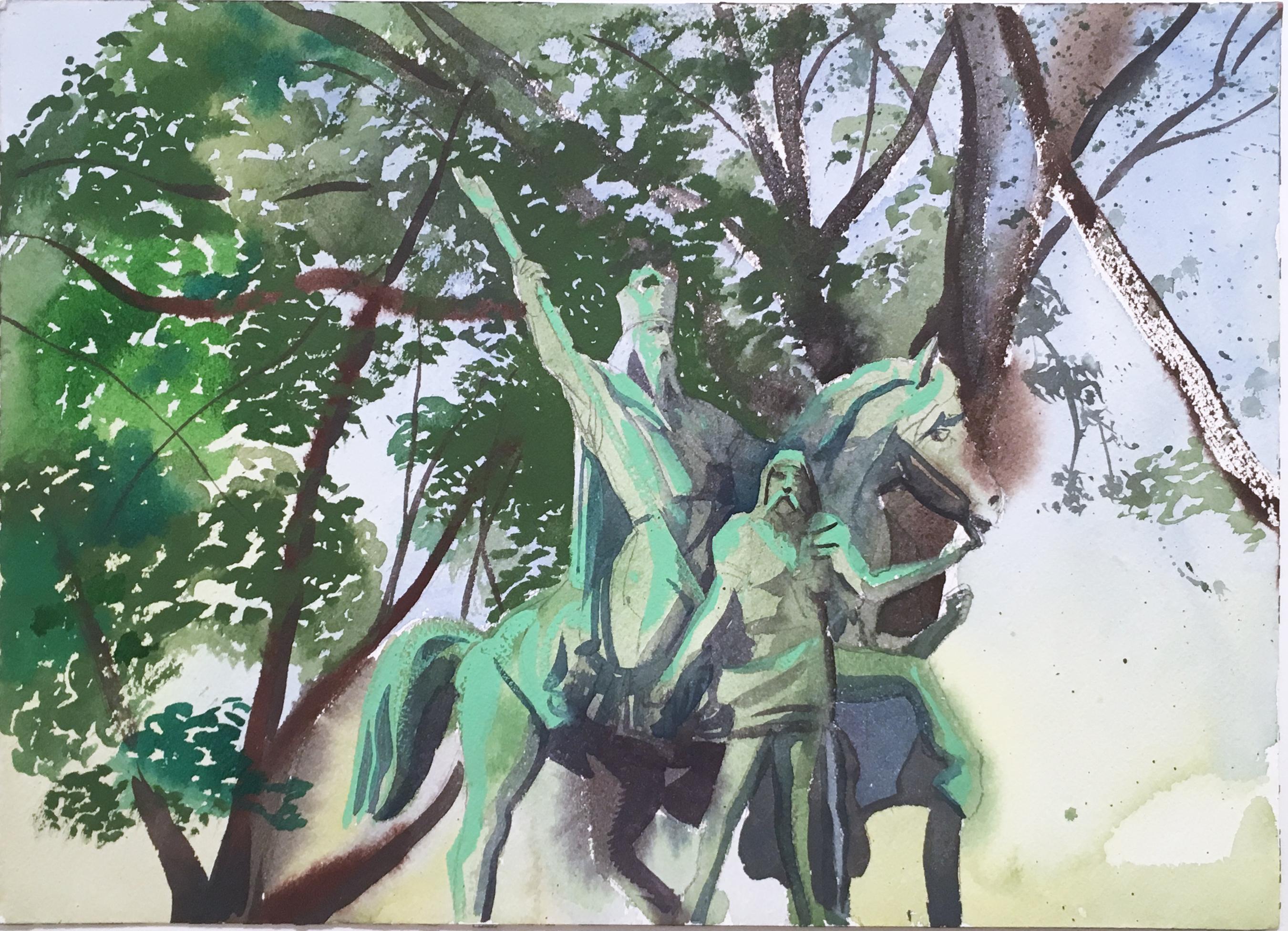 Charlemagne, figurative, landscape, watercolor on paper, 2018.  Framed