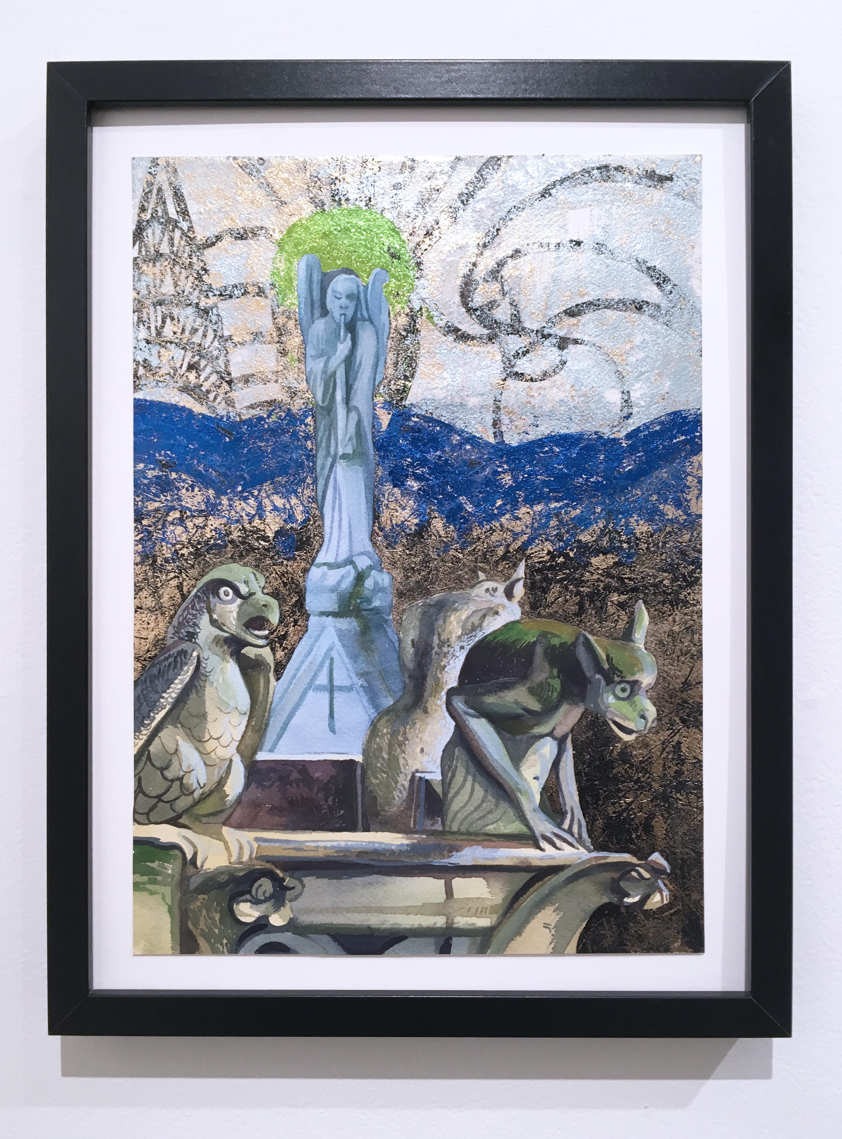 Notre Dame Roof, landscape, watercolor and metal foil on paper, 2018.  Framed - Painting by Thomas John Carlson