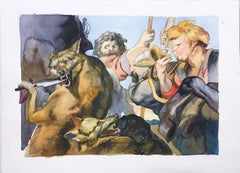 "Rubens Study 1" old master, figurative watercolor, wolf, people, framed
